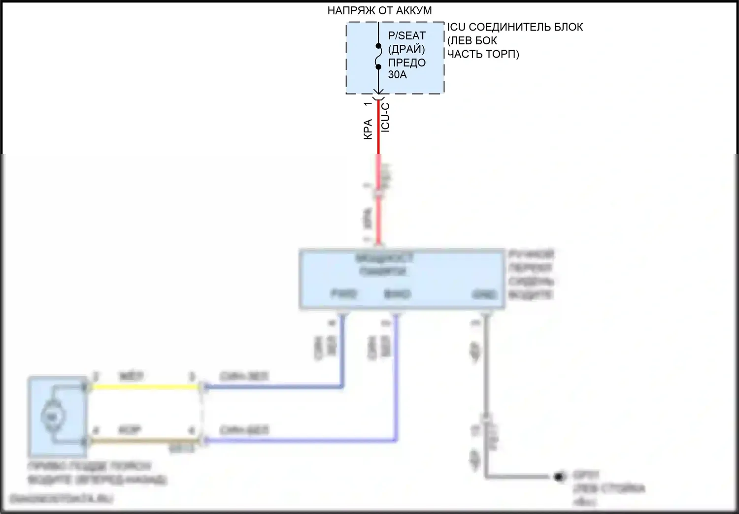 Santa Fe Hyundai IV рестайлинг (2020-2024): Питание водительского сиденья электросхема, за исключением гибридной двунаправленной 
