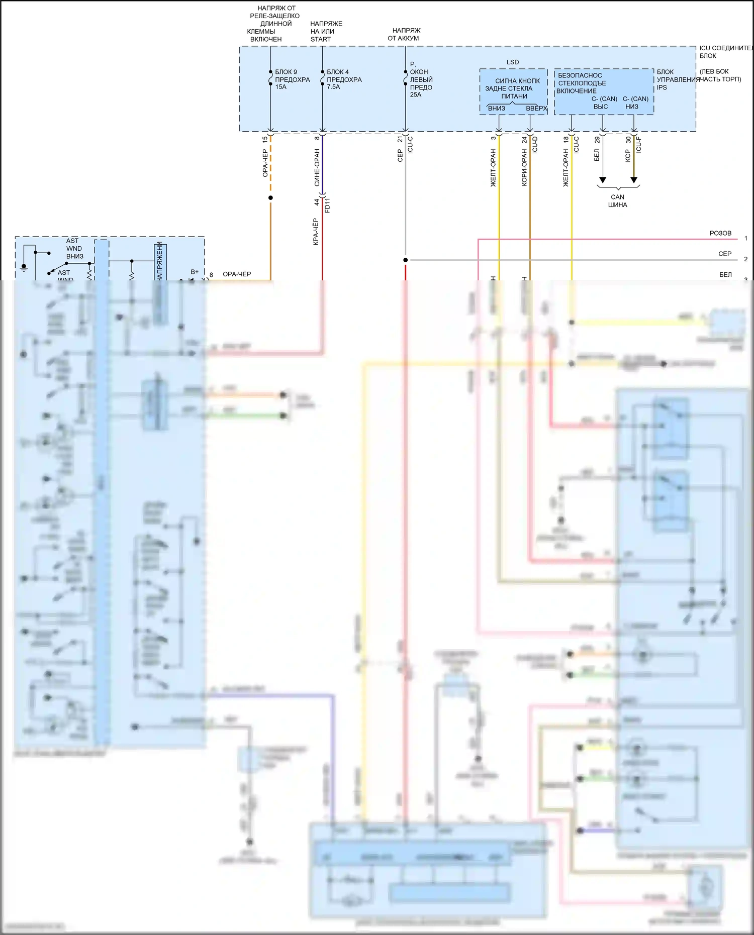 Santa Fe Hyundai IV рестайлинг (2020-2024): Электросхема стеклоподъемников, с автоматическим включением/выключением драйвера и стеклоподъемниками безопасности (1 из 2) 