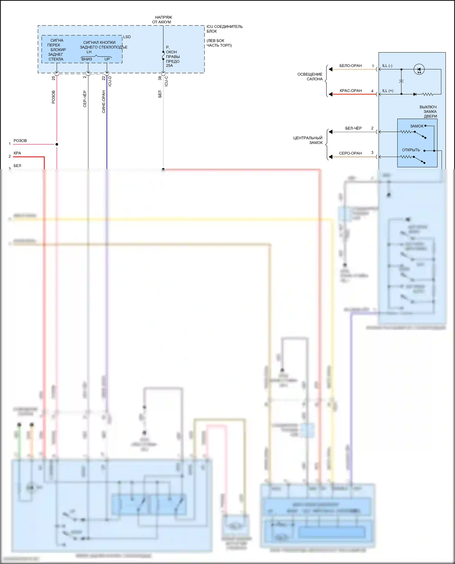 Santa Fe Hyundai IV (2018-2021): Электросхема стеклоподъемников, без автоматического включения/выключения драйвера и стеклоподъемников безопасности (2 из 2) 