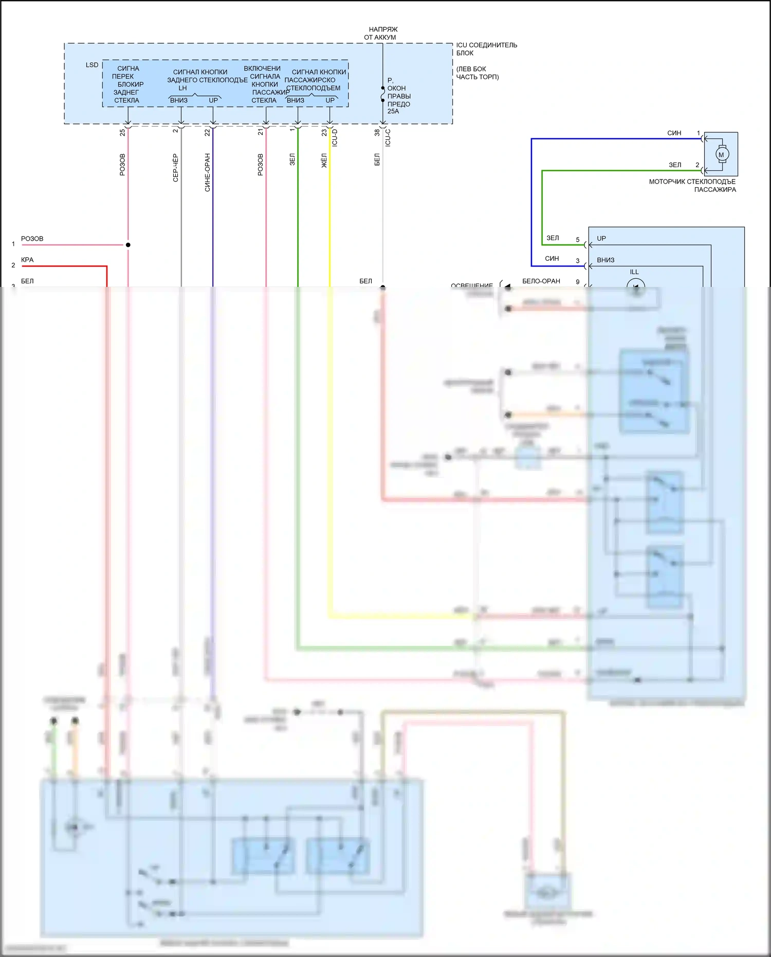 Santa Fe Hyundai IV (2018-2021): Электросхема стеклоподъемников, с автоматическим включением/выключением драйвера и стеклоподъемниками безопасности (2 из 2) 