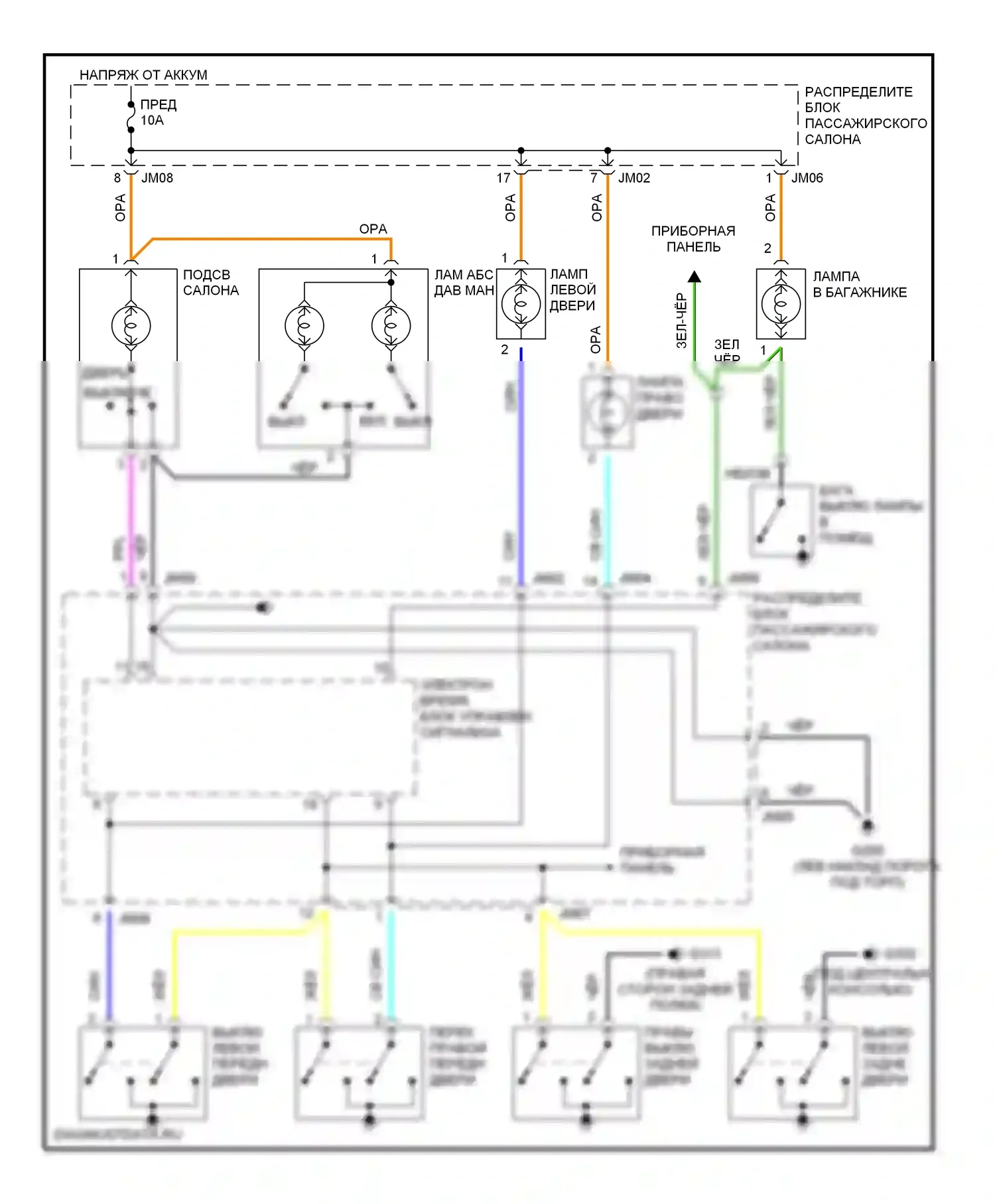 Sonata Hyundai IV (1998-2001): Электросхема освещения салона, без люка 