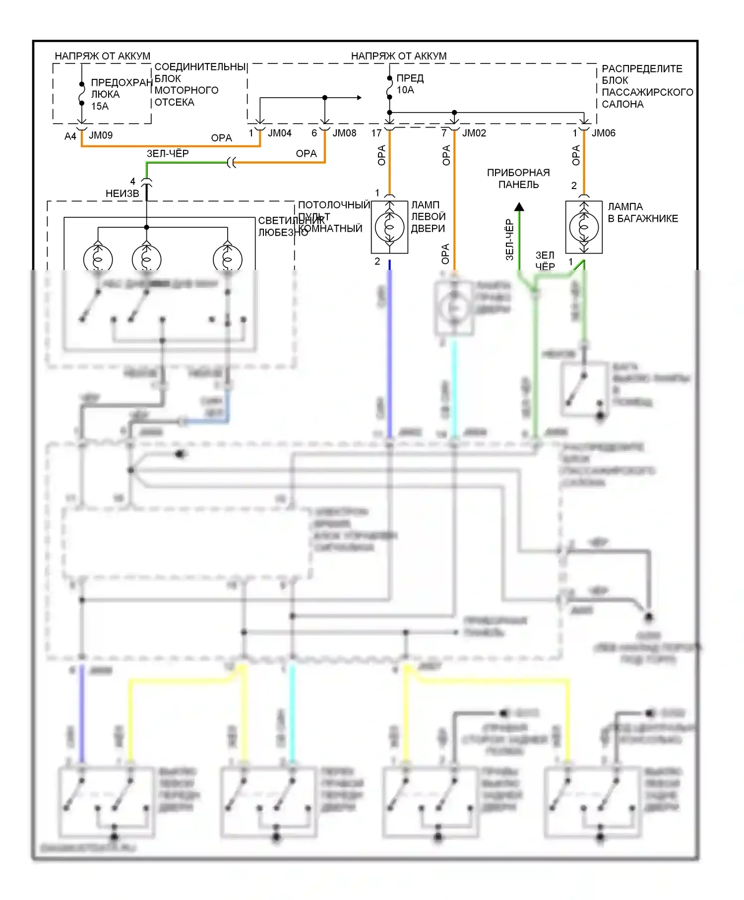 Sonata Hyundai IV (1998-2001): Электросхема освещения салона, с люком 