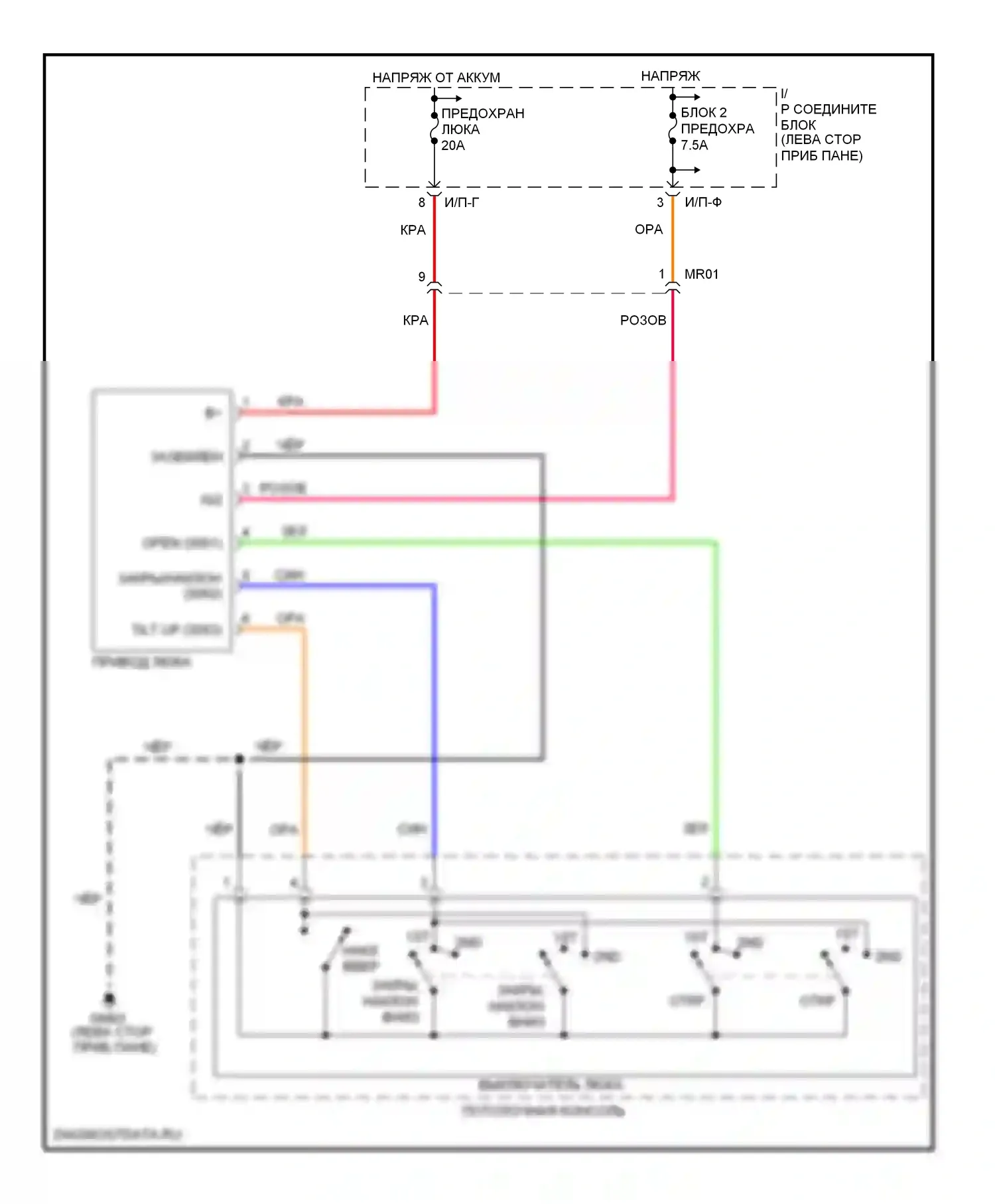 Sonata Hyundai VI (2009-2014): Электросхема складной крыши/люка, за исключением гибрида без панорамного люка 