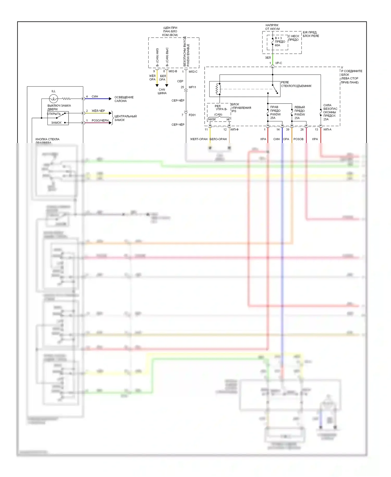 Sonata Hyundai VI (2009-2014): Электросхема стеклоподъемников, за исключением гибридного с предохранительными стеклоподъемниками (1 из 2) 