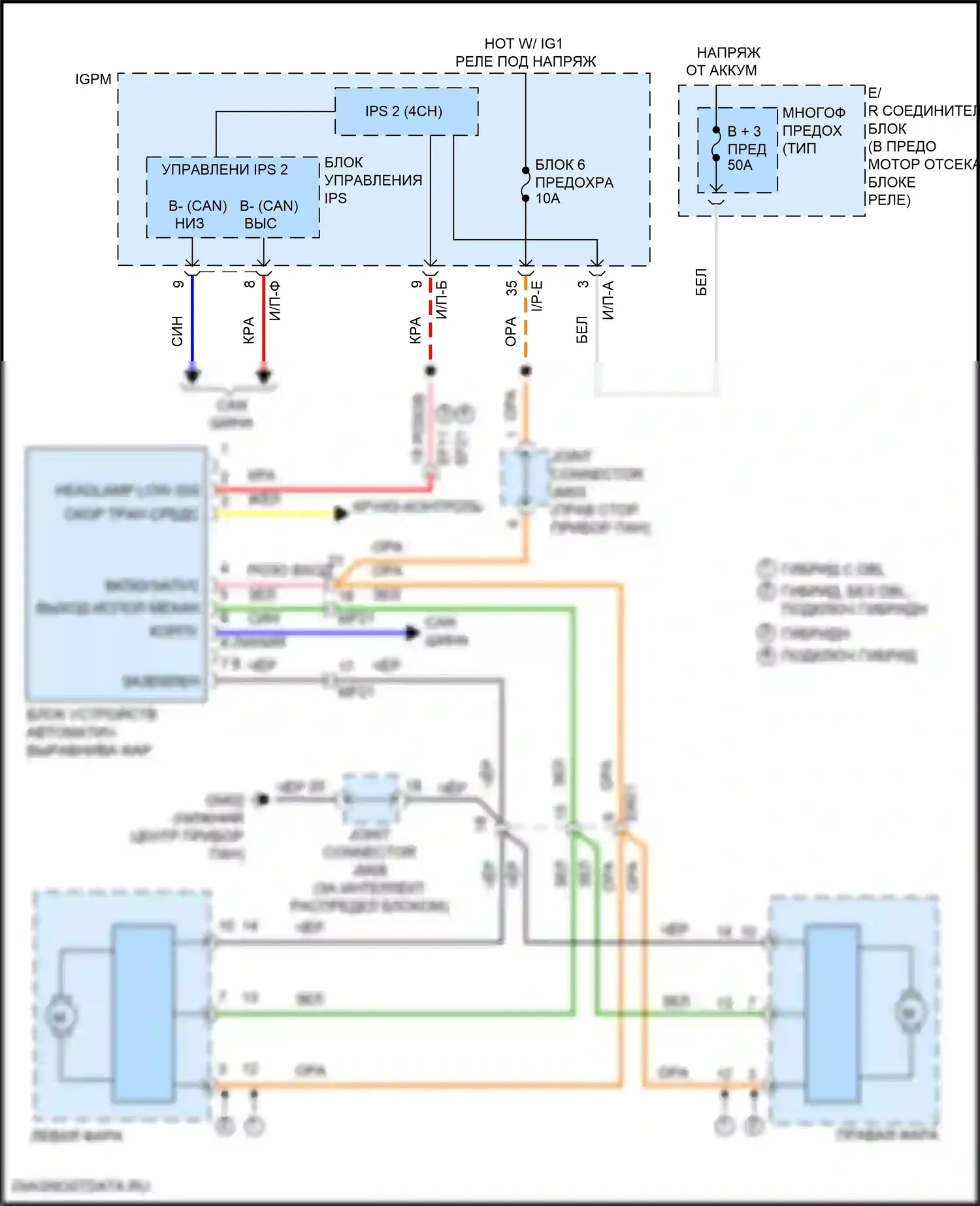 Sonata Hyundai VII рестайлинг (2017-2019): Корректор фар электросхема соединений, подключение гибридной системы без светодиода 