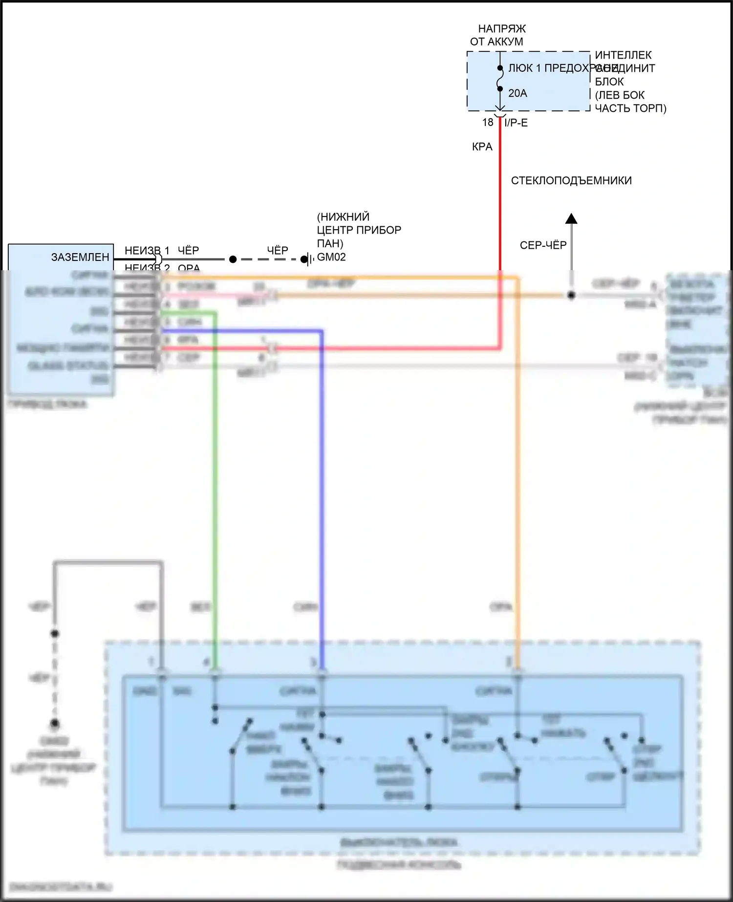 Sonata Hyundai VII рестайлинг (2017-2019): Электросхема складной крыши/люка, за исключением гибрида без панорамного люка 