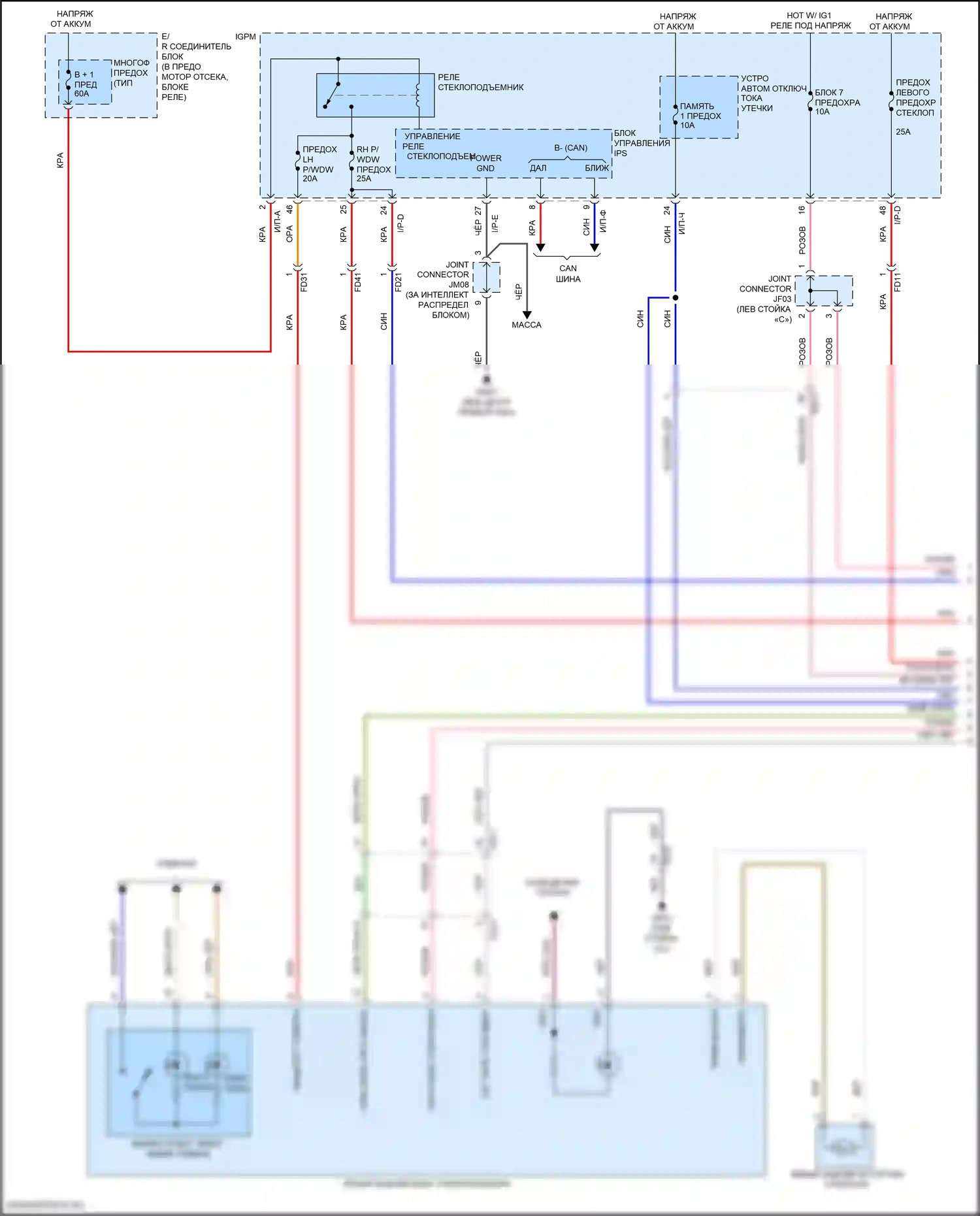 Sonata Hyundai VII рестайлинг (2017-2019): Электросхема стеклоподъемников, гибрид с ims, с автоматическим включением/выключением водителя и стеклоподъемниками безопасности (1 из 3) 