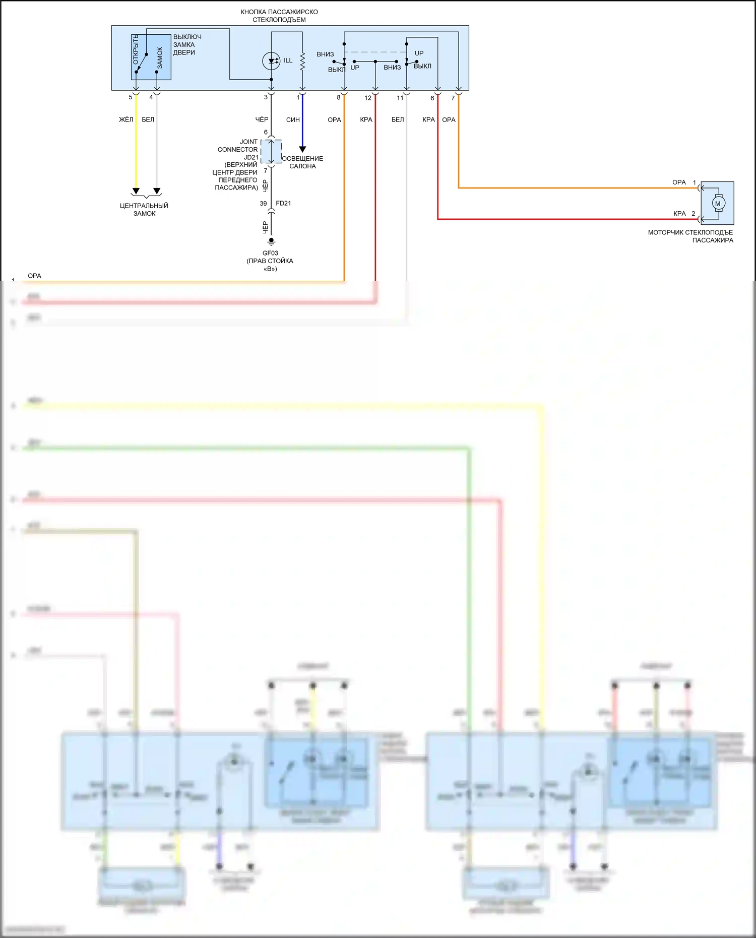 Sonata Hyundai VII рестайлинг (2017-2019): Электросхема стеклоподъемников, за исключением гибридного без имс, с автоматическим включением/выключением водителя и стеклоподъемниками безопасности (2 из 2) 