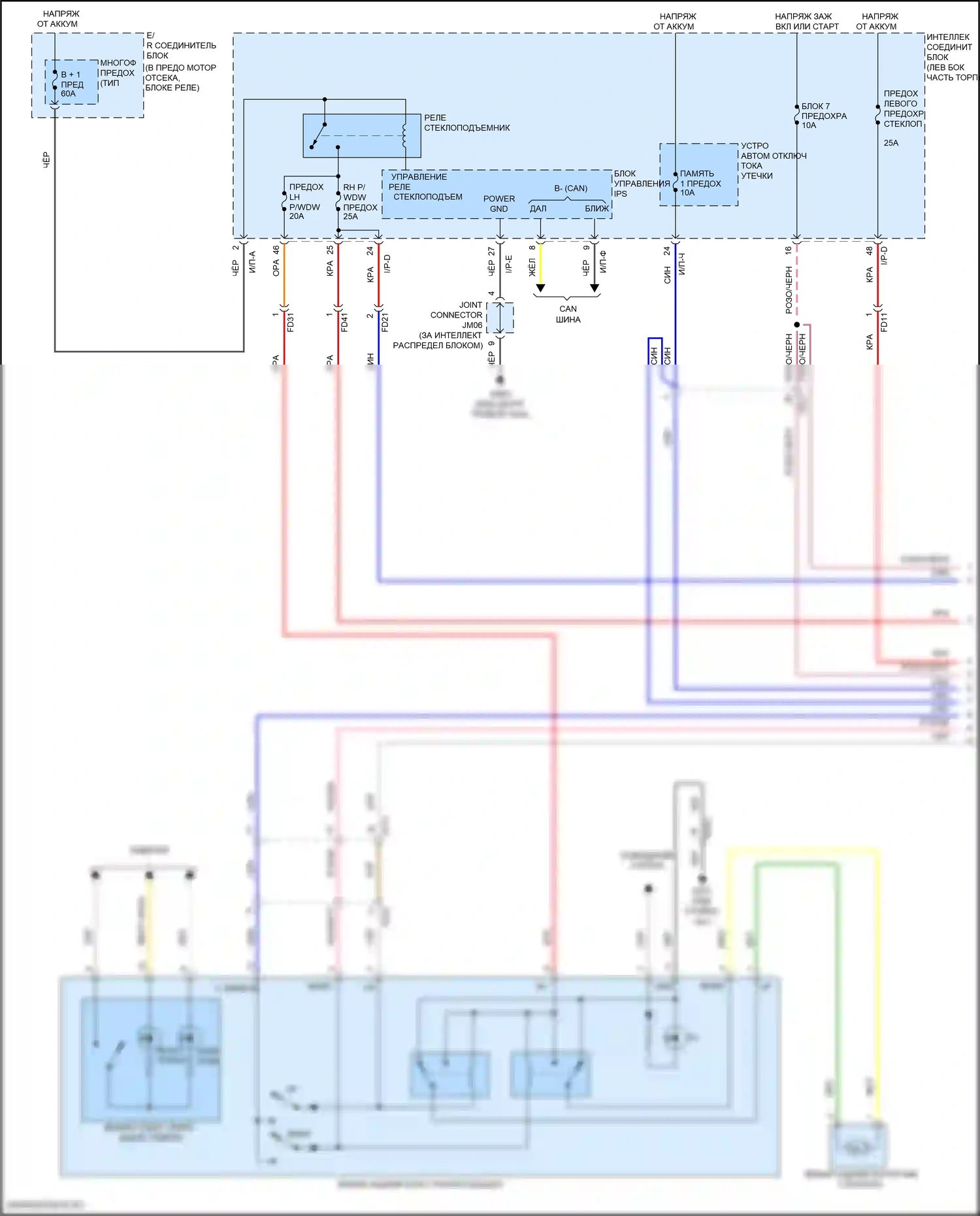 Sonata Hyundai VII рестайлинг (2017-2019): Электросхема стеклоподъемников, за исключением гибридного с ims, с автоматическим включением/выключением водителя и стеклоподъемниками безопасности (1 из 3) 