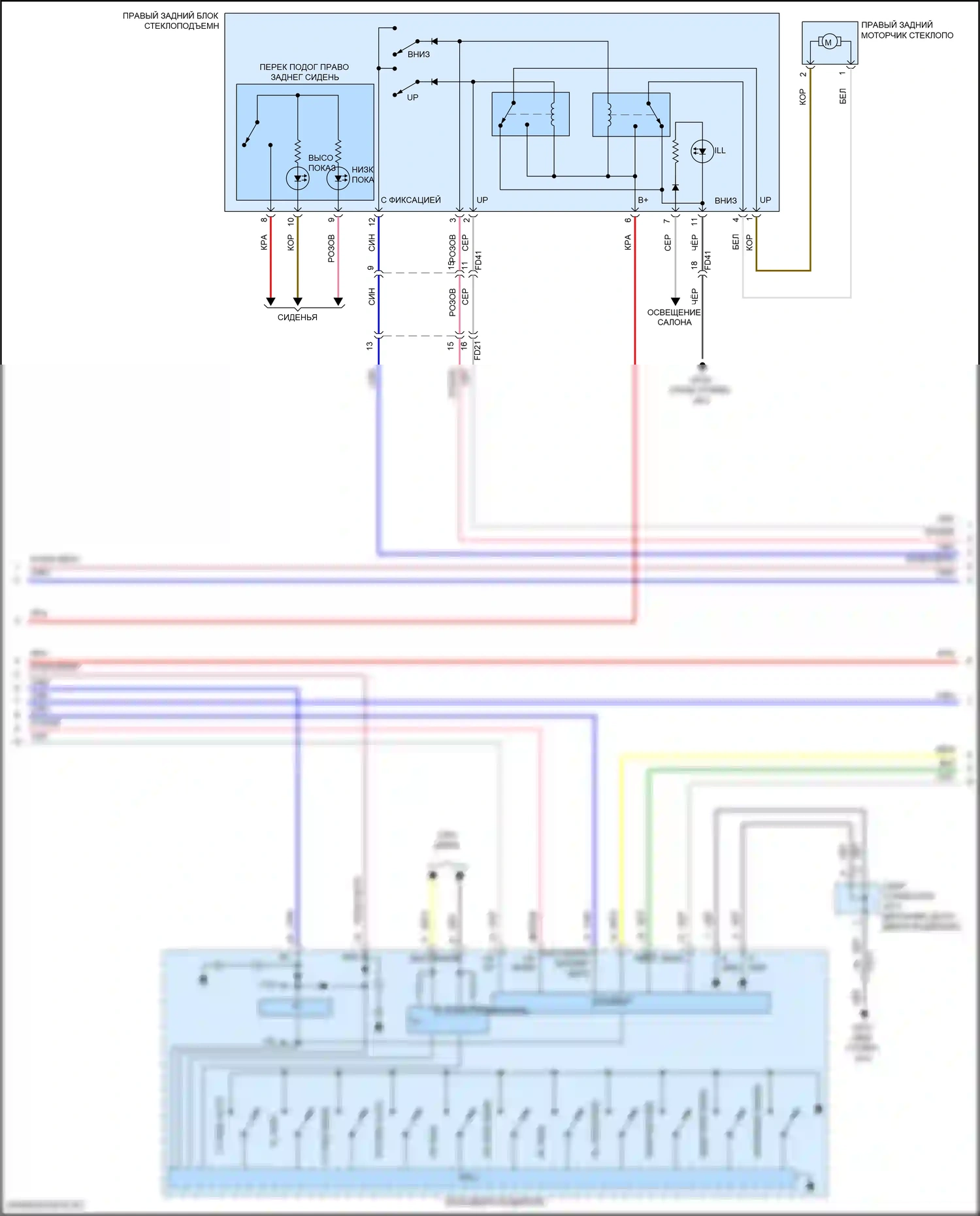 Sonata Hyundai VII рестайлинг (2017-2019): Электросхема стеклоподъемников, за исключением гибридного с ims, с автоматическим включением/выключением водителя и стеклоподъемниками безопасности (2 из 3) 