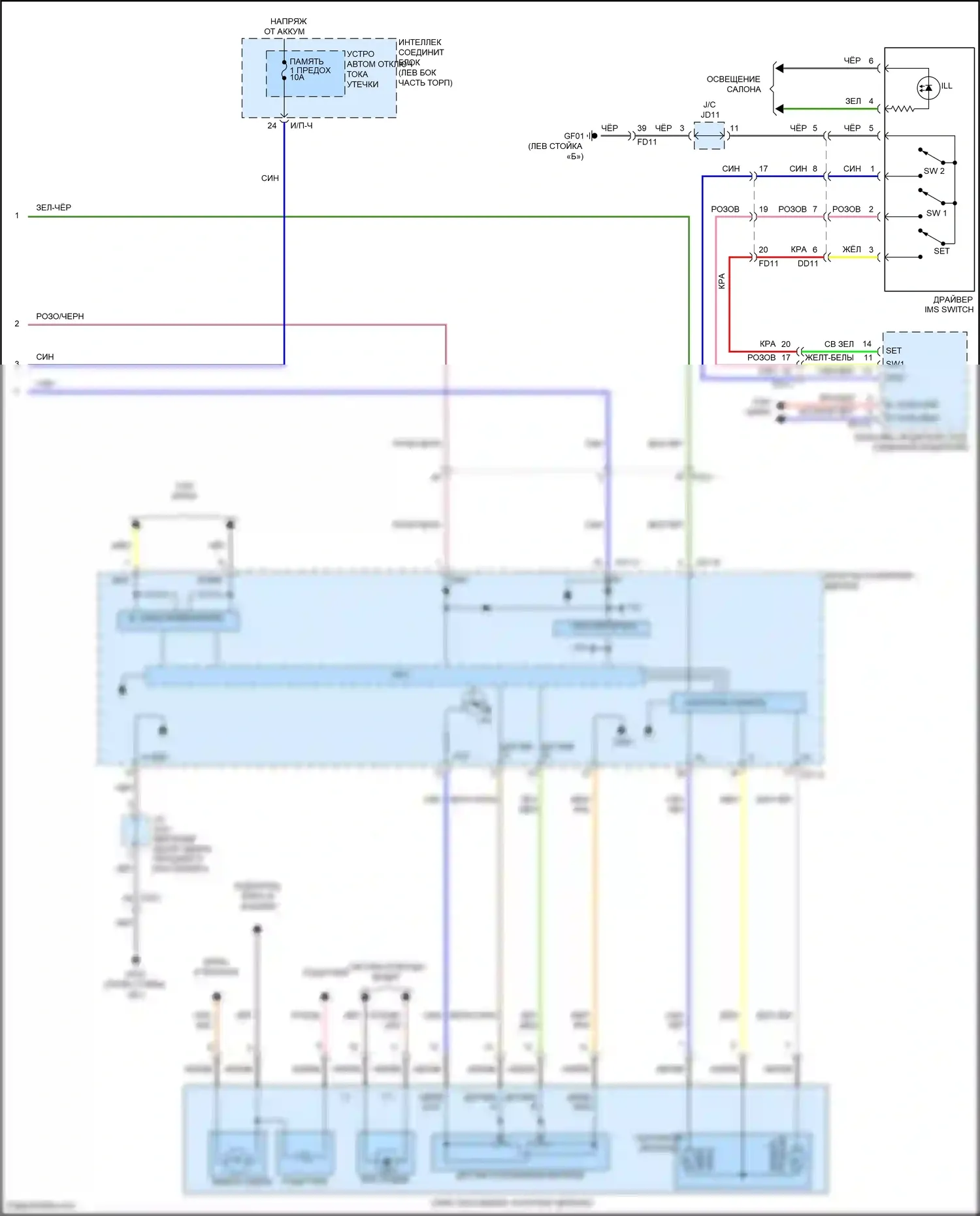 Sonata Hyundai VII (2014-2017): Электросхема памяти зеркал, кроме гибридной (2 из 2) 