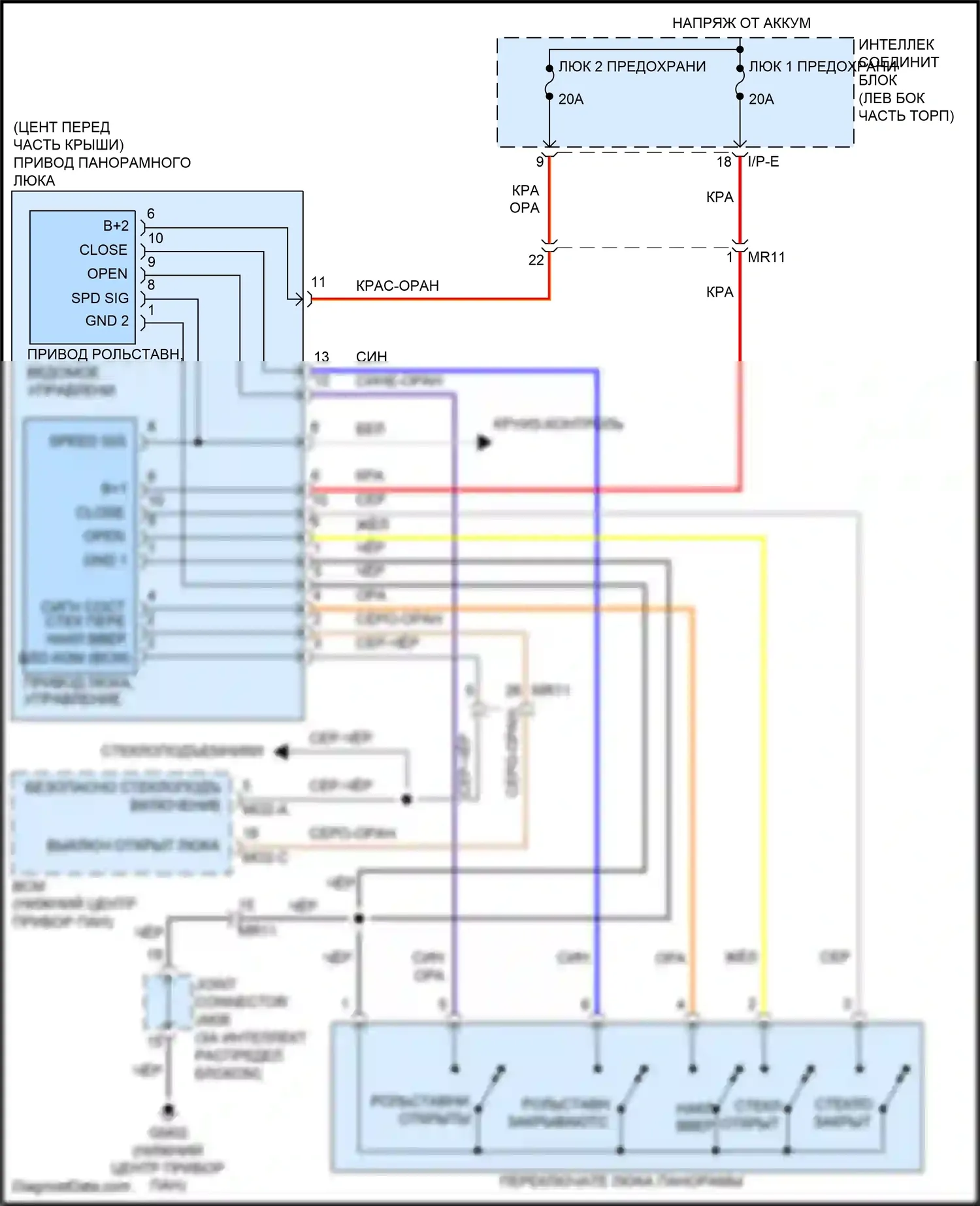 Sonata Hyundai VII (2014-2017): Электросхема складной крыши/люка, за исключением гибридной 