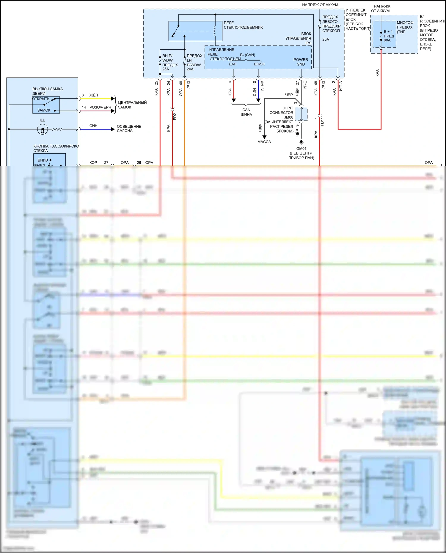 Sonata Hyundai VII (2014-2017): Электросхема стеклоподъемников, гибрид без ims, с автоматическим включением/выключением водителя и стеклоподъемниками безопасности (1 из 2) 