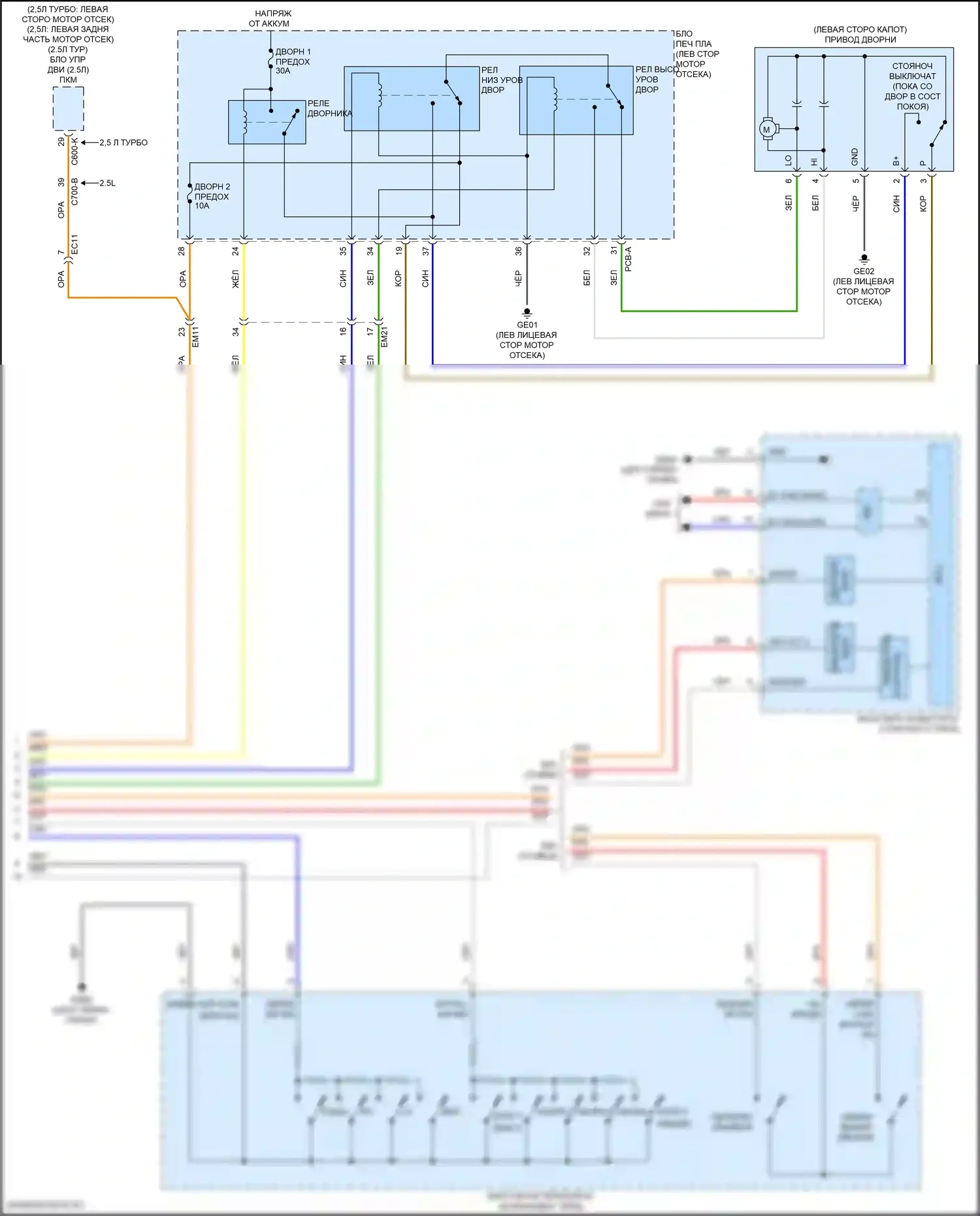 Sonata Hyundai VIII рестайлинг (2023-2024): Дворники и омыватели электросхема, за исключением гибридной (2 из 2) 