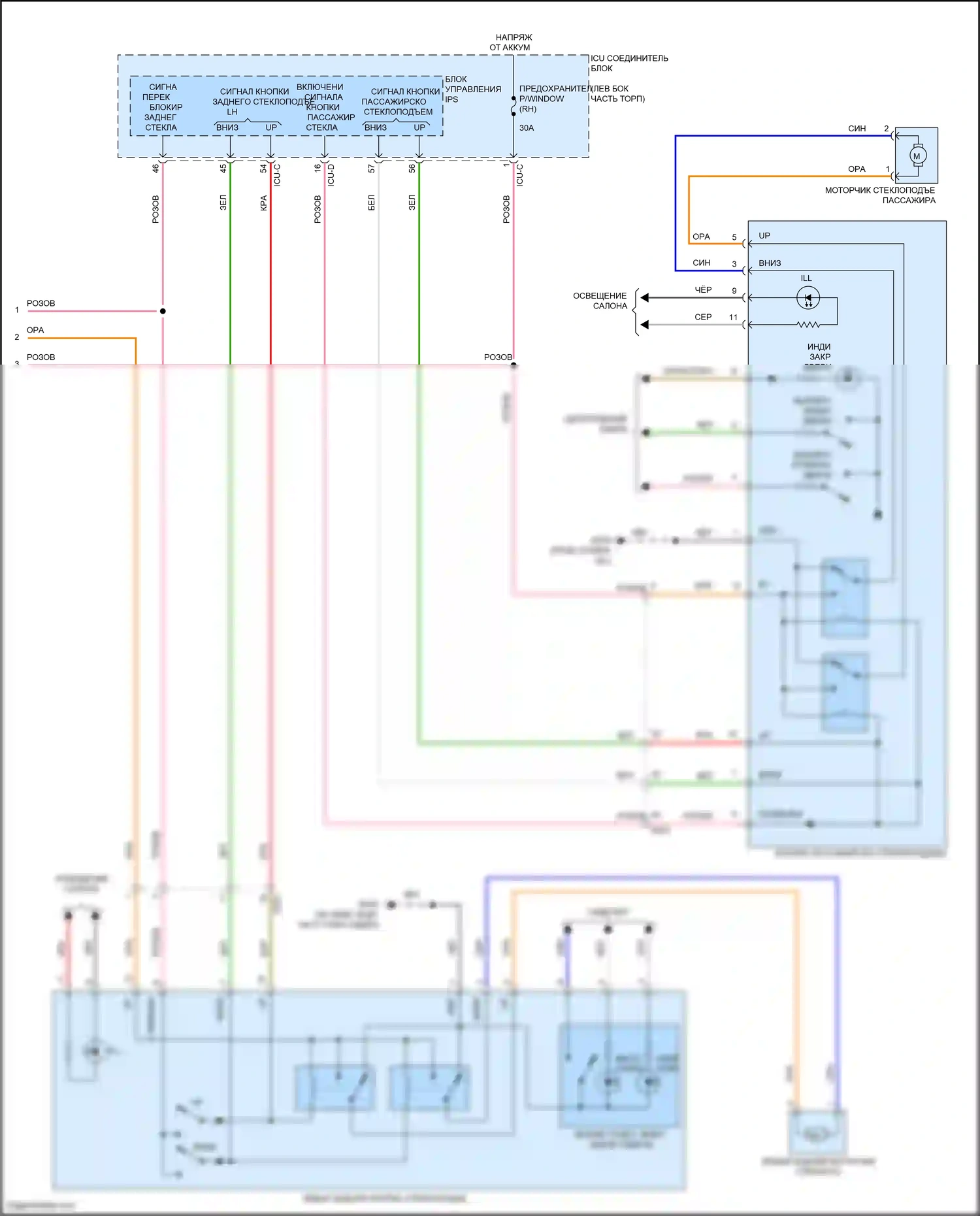 Sonata Hyundai VIII (2019-2023): Электросхема стеклоподъемников, за исключением гибридного с автоматическим включением/выключением водителя и безопасностью (2 из 2) 