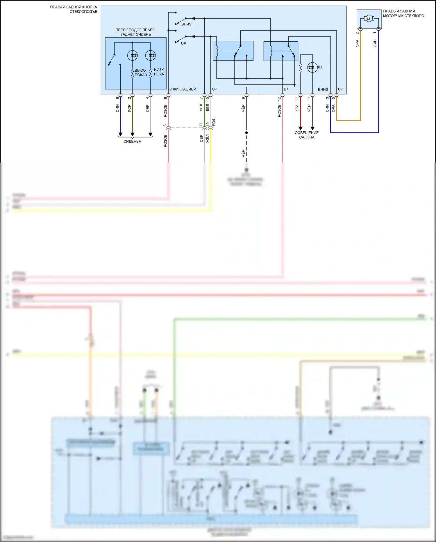 Sonata Hyundai VIII (2019-2023): Электросхема стеклоподъемников, за исключением гибридного с фронтальным авто вверх/вниз и безопасностью (2 из 3) 