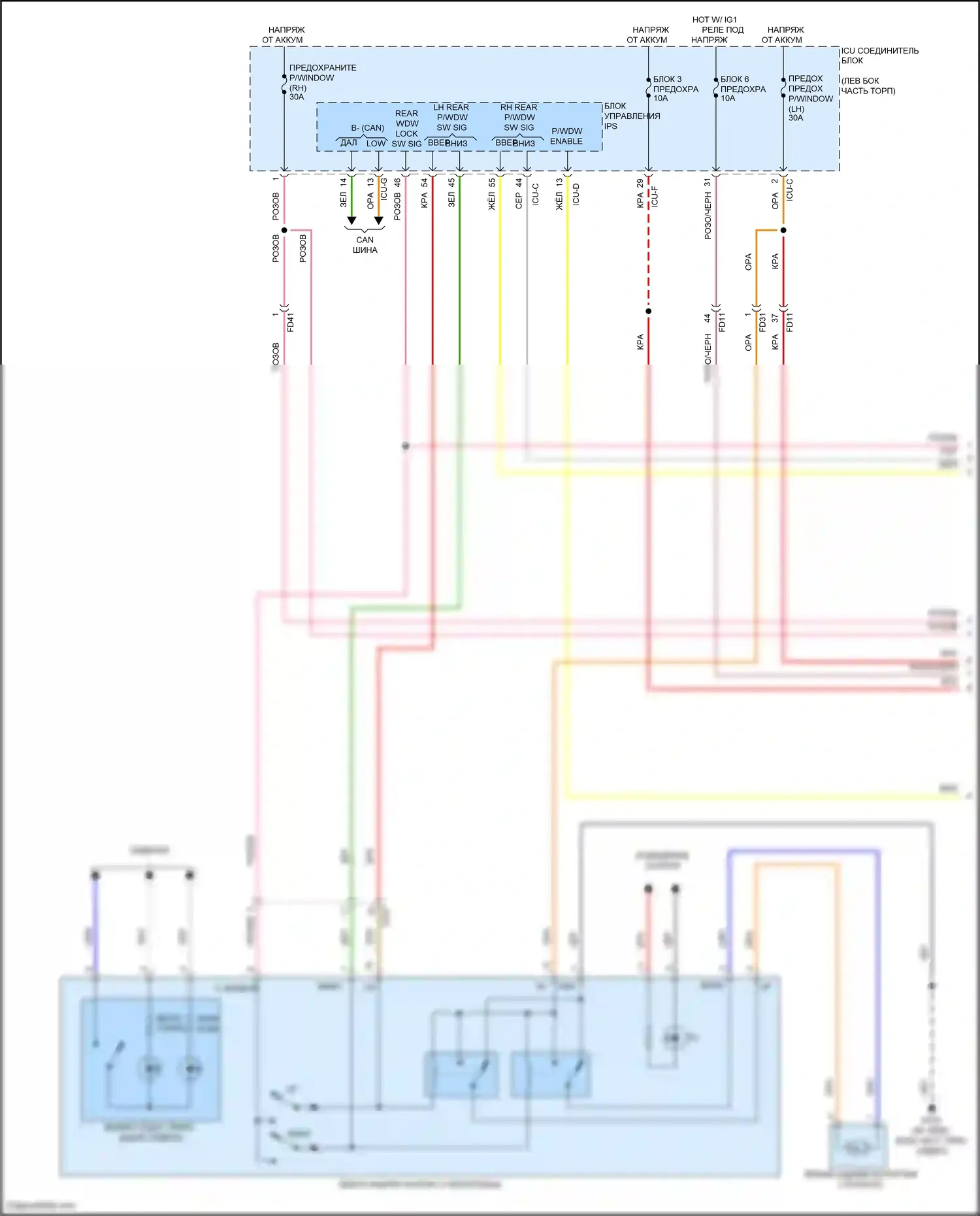 Sonata Hyundai VIII (2019-2023): Электросхема стеклоподъемников, за исключением гибридной с фронтальным авто вверх/вниз и безопасностью (1 из 3) 