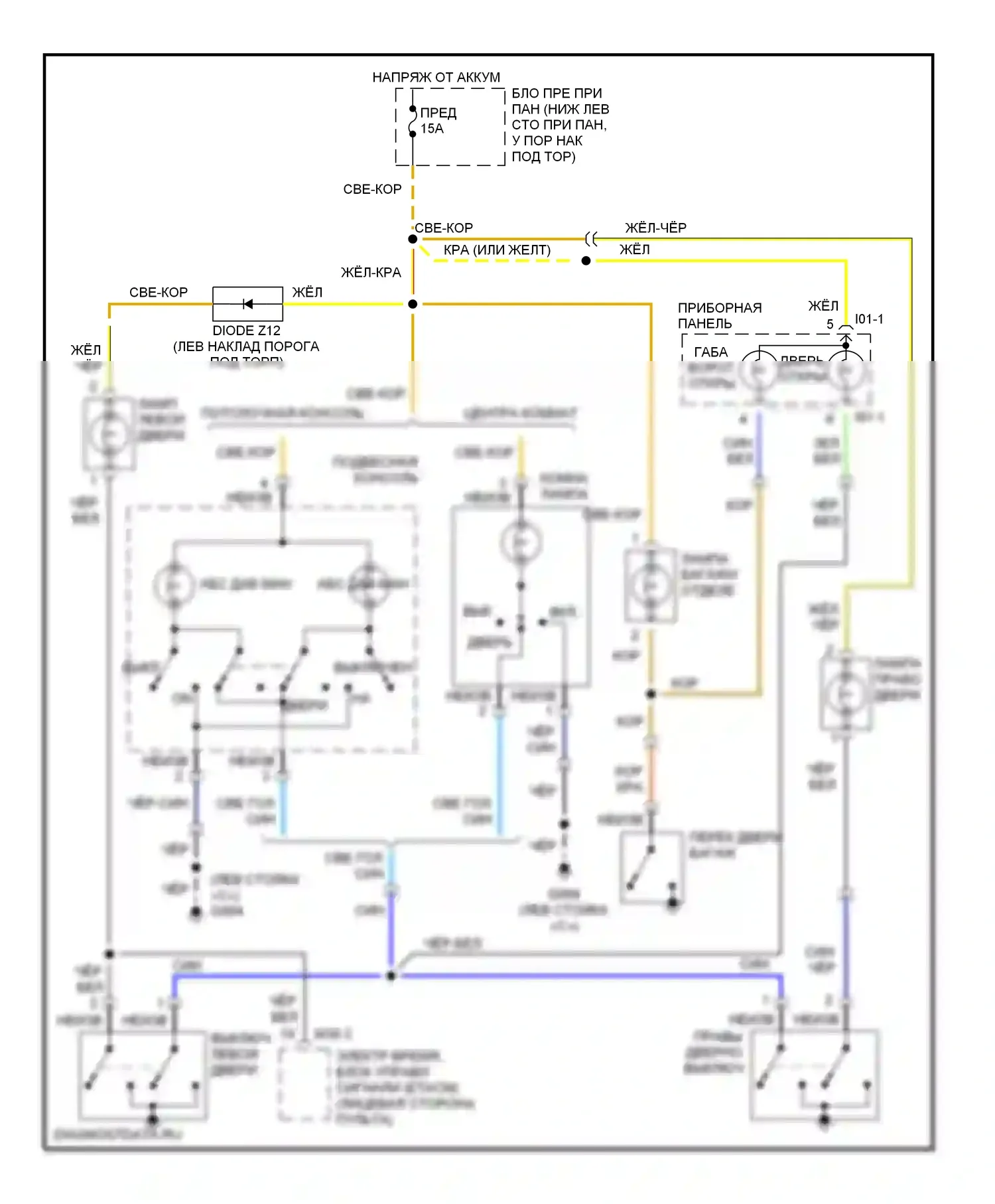 Tiburon Hyundai I рестайлинг (1999-2002): Электросхема освещения салона, без люка 