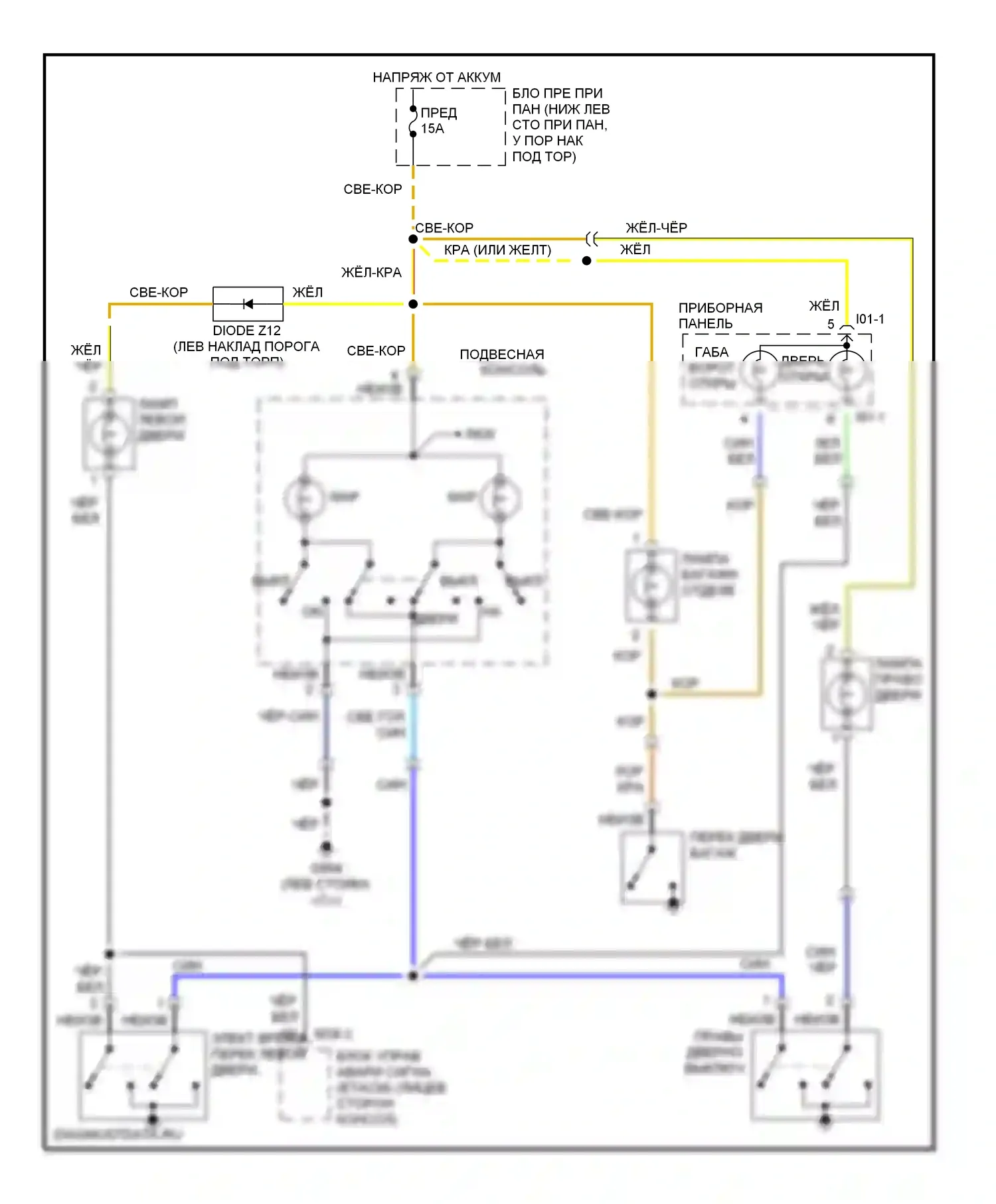 Tiburon Hyundai I рестайлинг (1999-2002): Электросхема освещения салона, с люком 