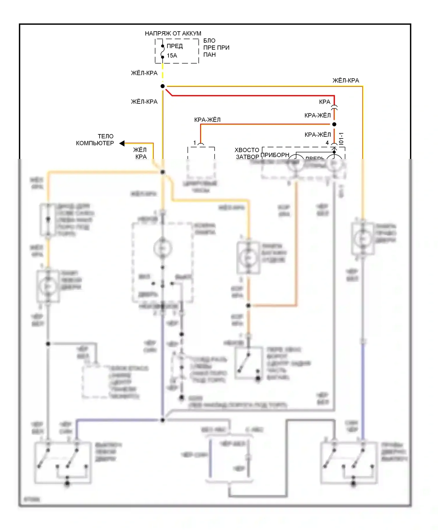 Tiburon Hyundai I (1996-1999): Электросхема освещения салона, без люка 