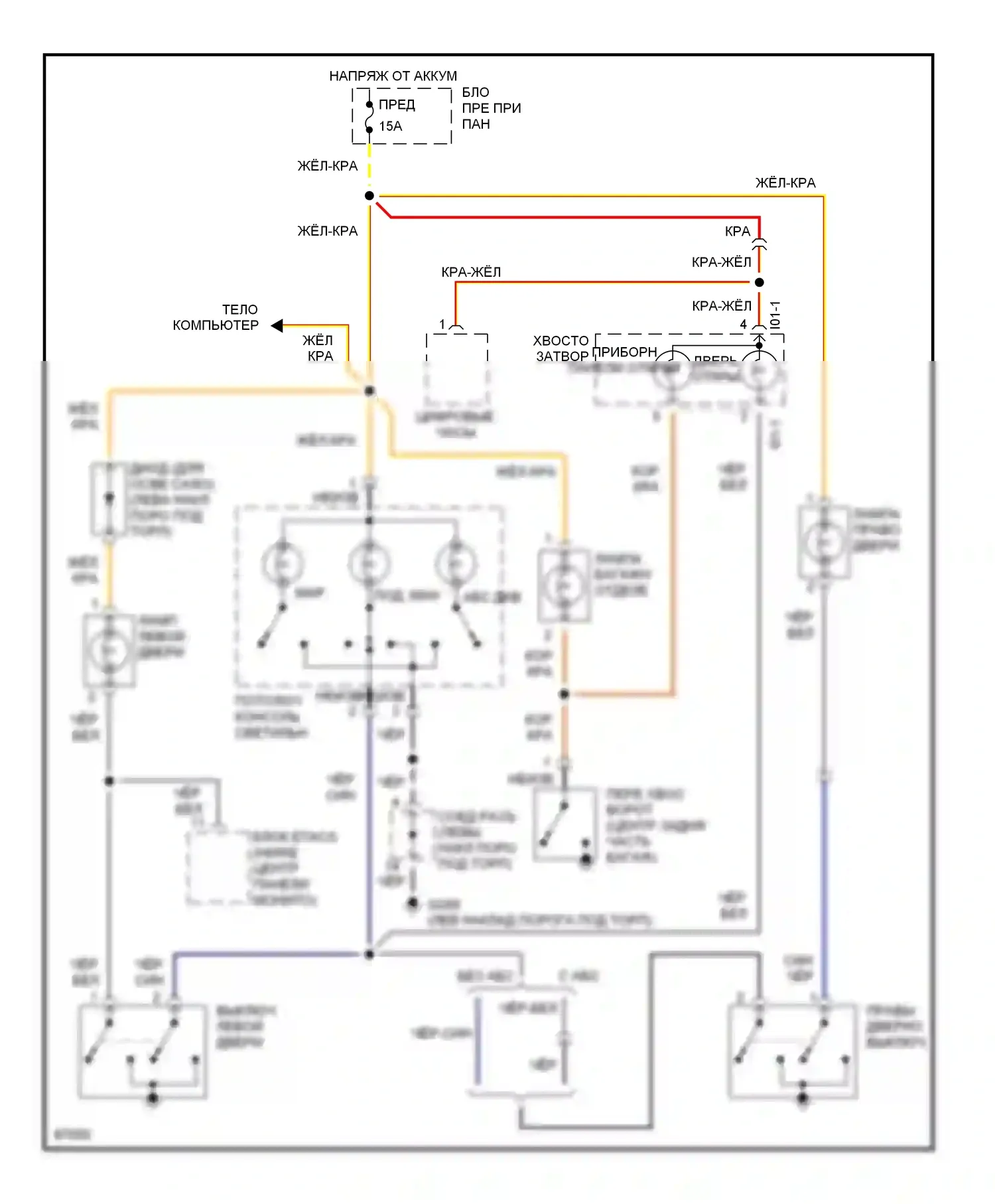 Tiburon Hyundai I (1996-1999): Электросхема освещения салона, с люком 