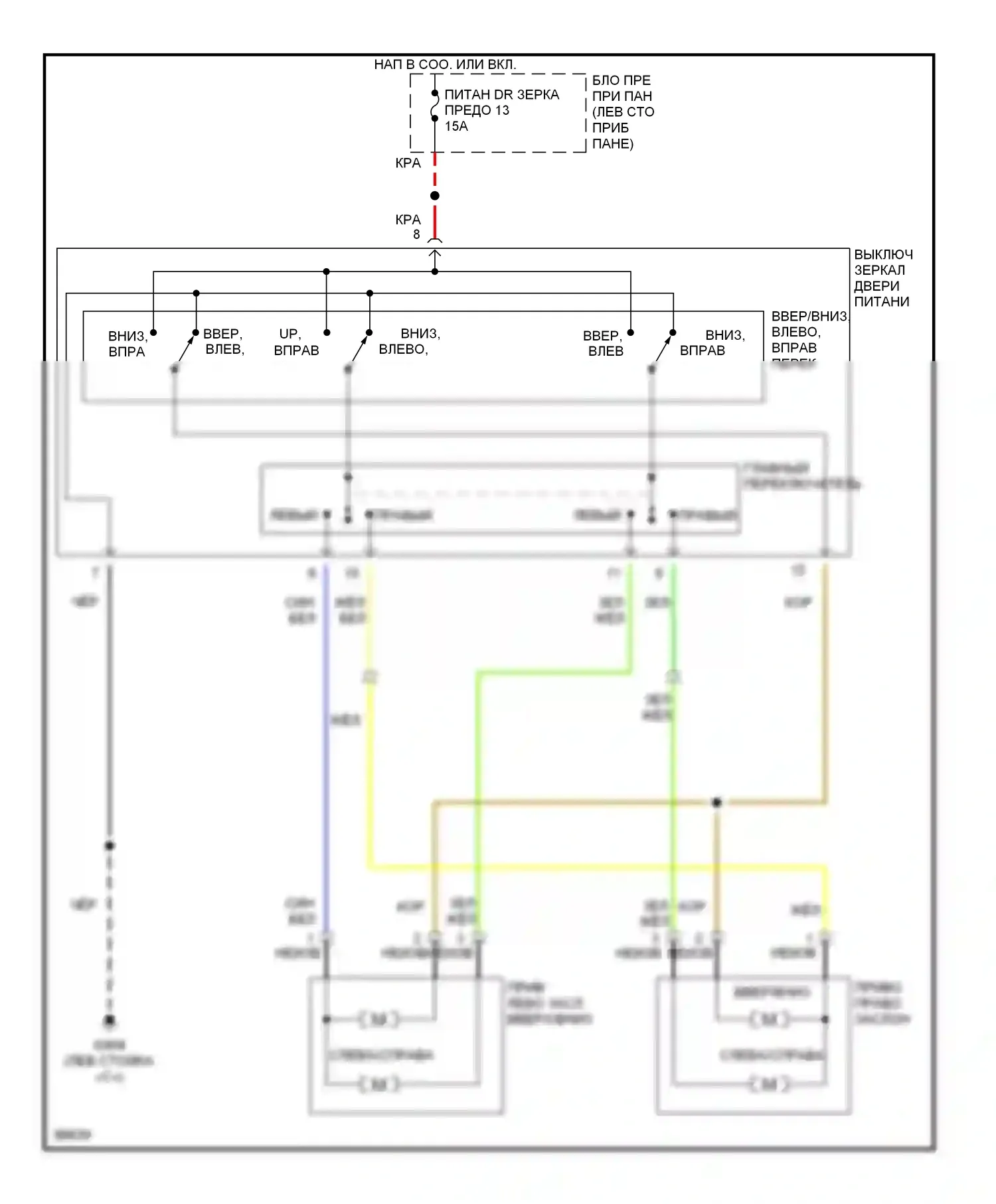 Tiburon Hyundai I (1996-1999): Электросхема силового зеркала 