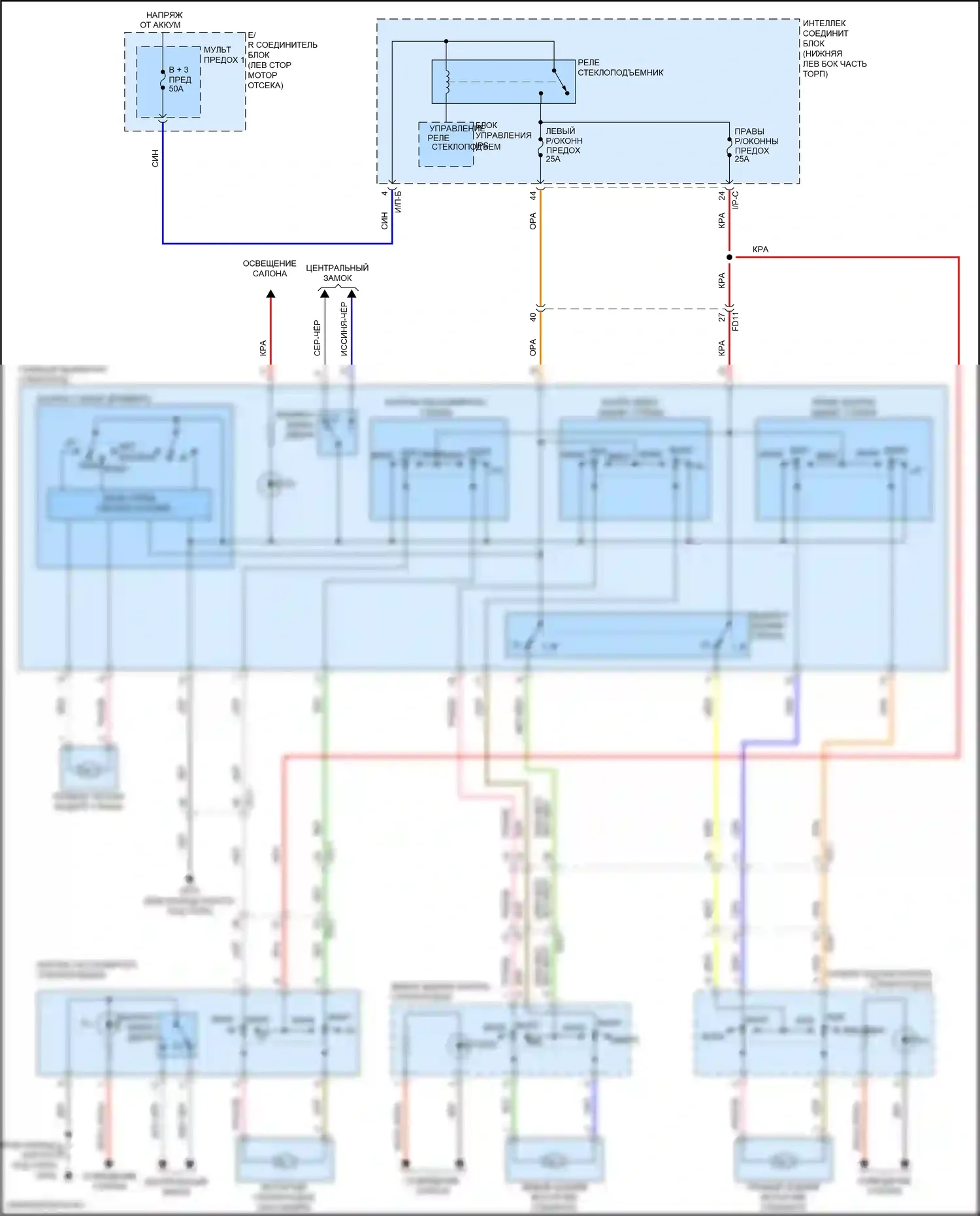 Tucson Hyundai III рестайлинг (2018-2021): Электросхема стеклоподъемников, без защитных стеклоподъемников 