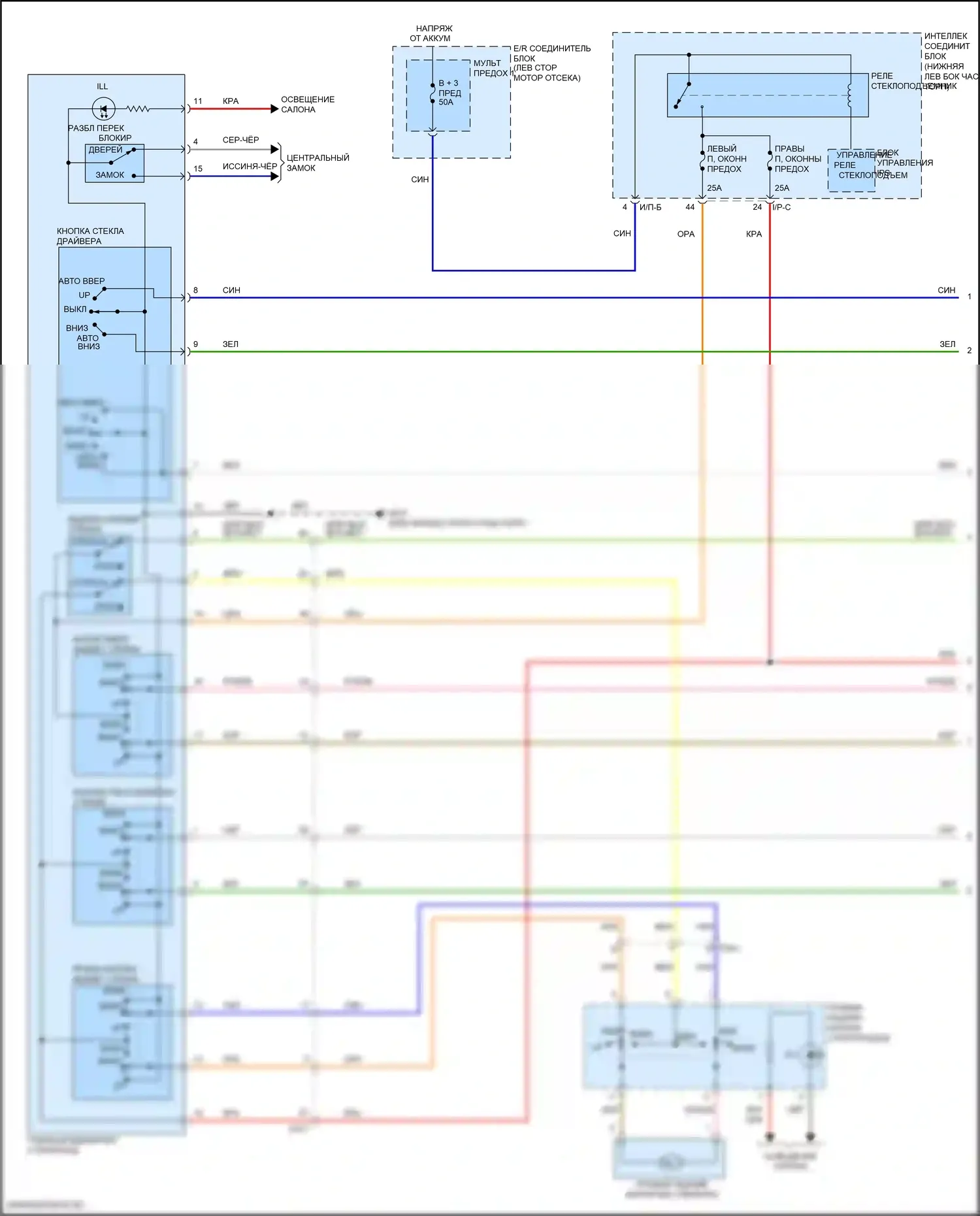 Tucson Hyundai III рестайлинг (2018-2021): Электросхема стеклоподъемников, с предохранительными стеклоподъемниками (1 из 2) 