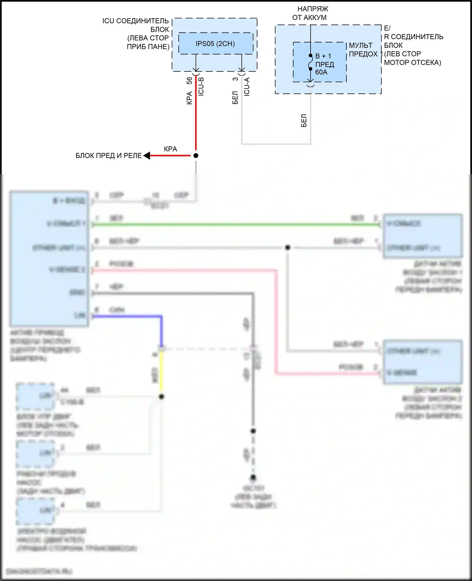 Tucson Hyundai IV (2020-2024): Электросхема активной воздушной заслонки, гибридная 