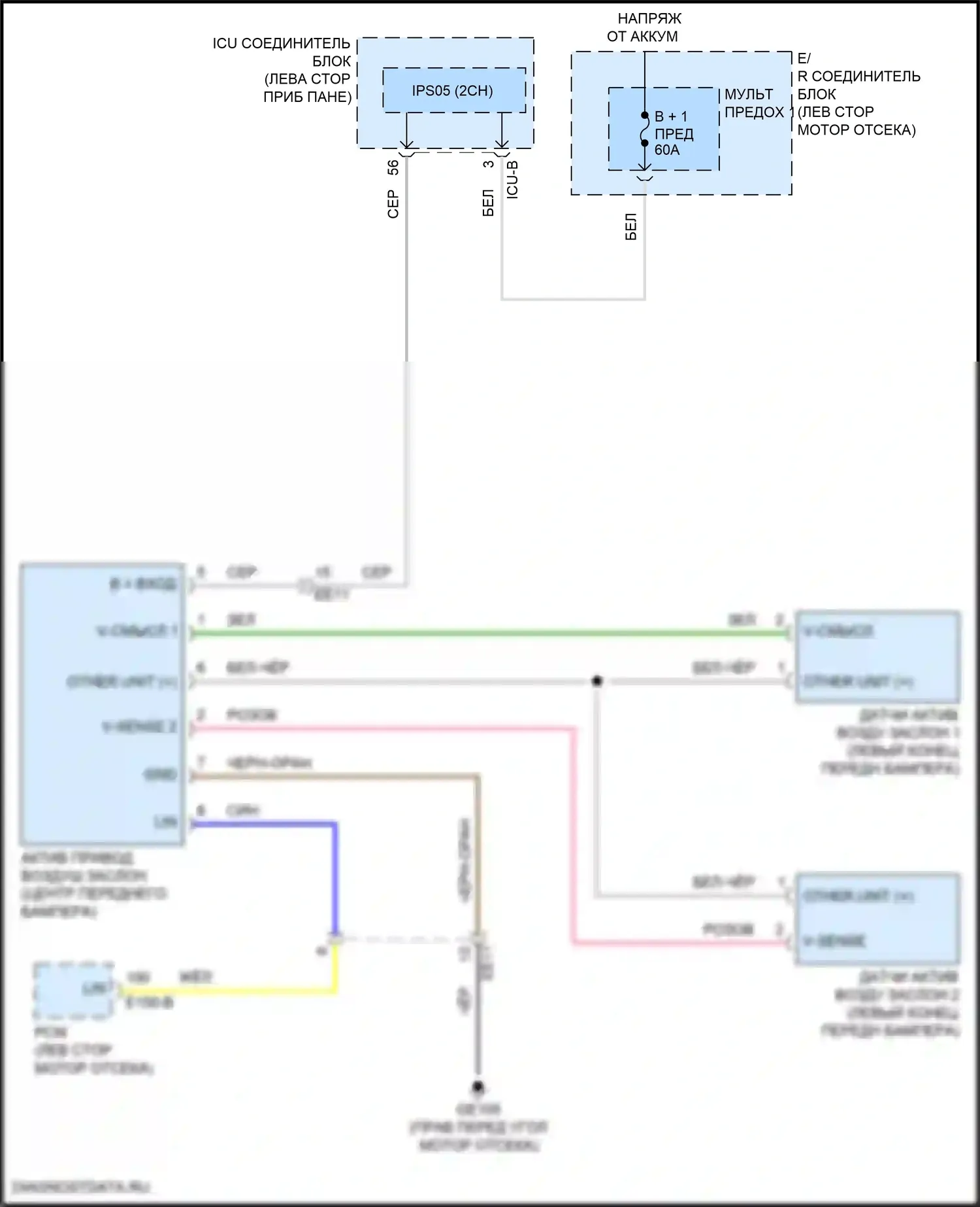 Tucson Hyundai IV (2020-2024): Электросхема активной воздушной заслонки, кроме гибридной nx4 