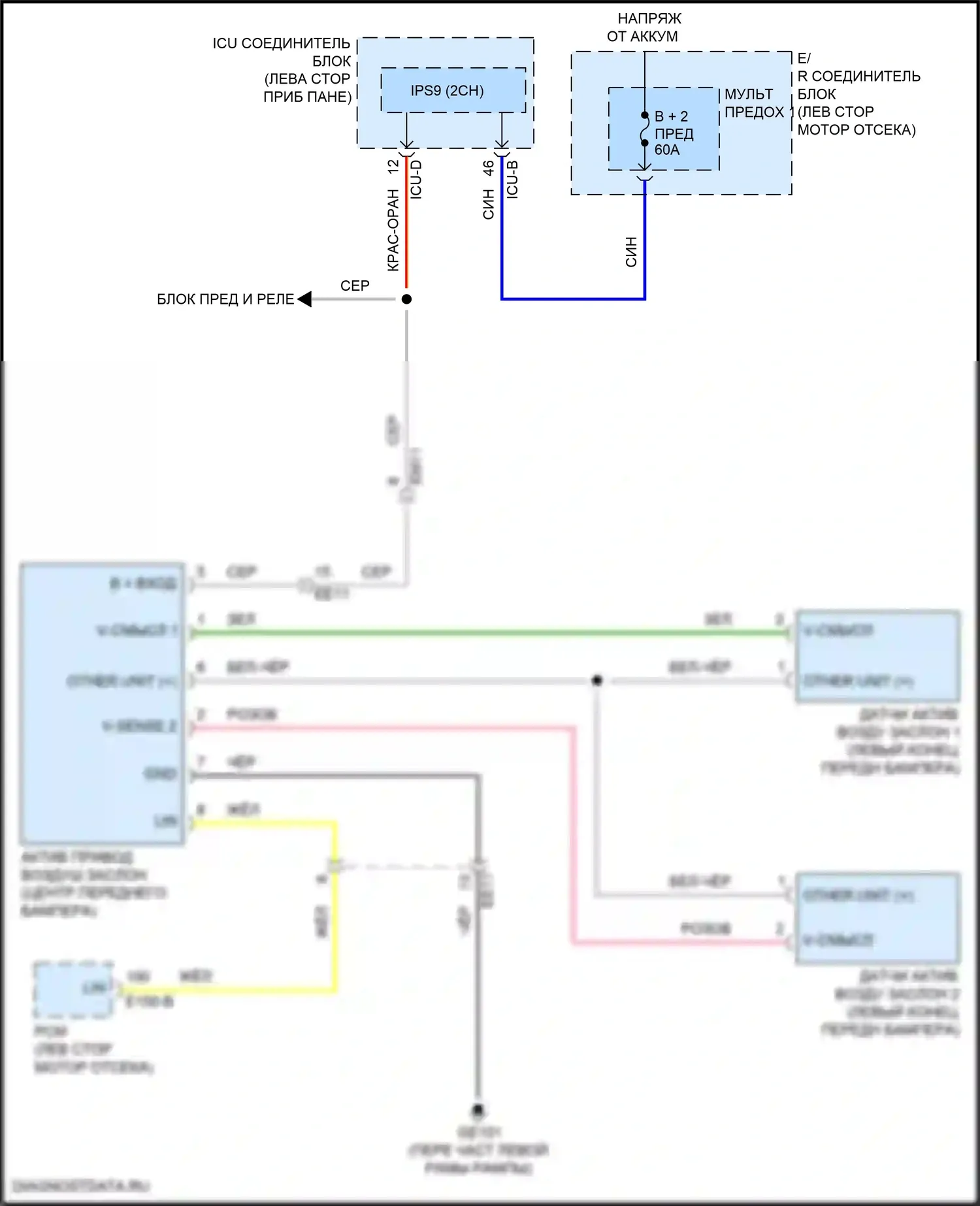 Tucson Hyundai IV (2020-2024): Электросхема активной воздушной заслонки, кроме гибридной nx4a 