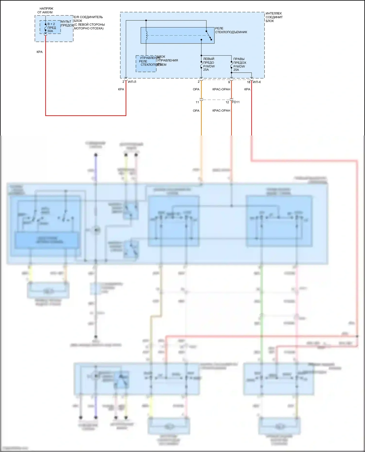 Veloster Hyundai I рестайлинг (2015-2017): Электросхема стеклоподъемников, без защитных стеклоподъемников 