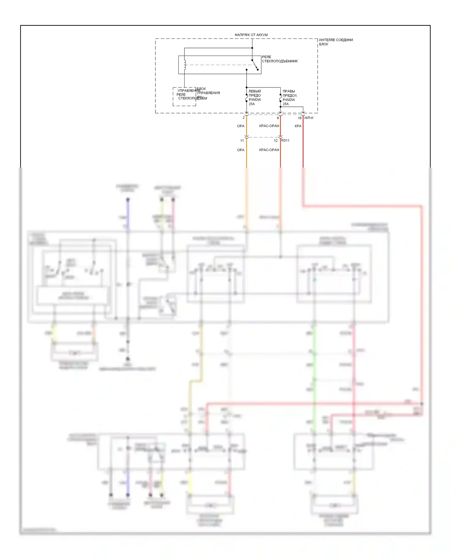 Veloster Hyundai I (2011-2015): Электросхема стеклоподъемников, без защитных стеклоподъемников 