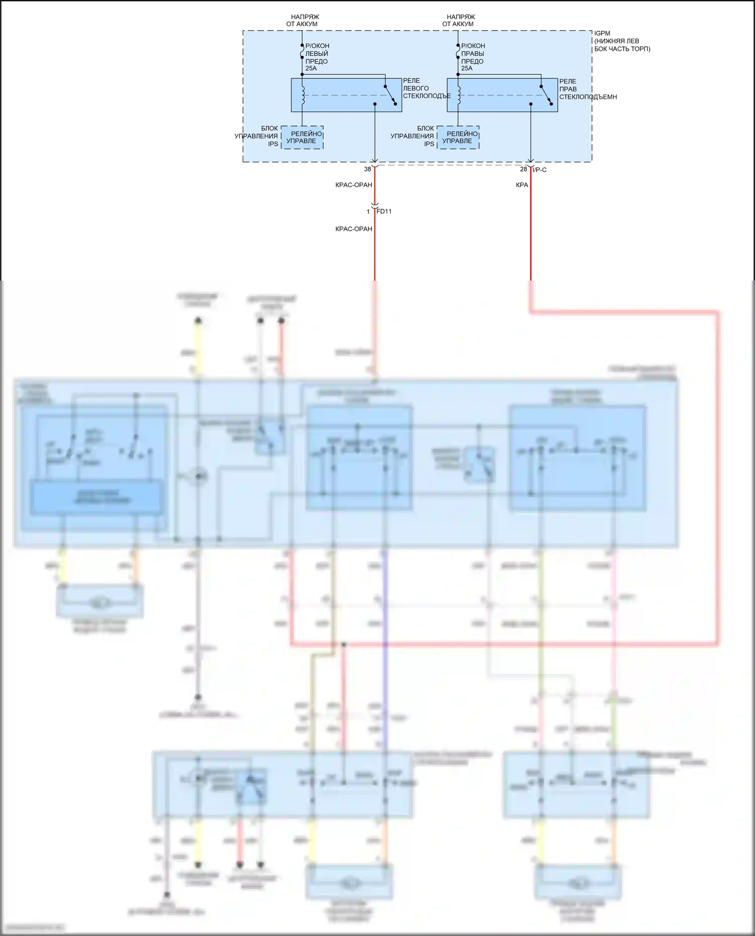 Veloster Hyundai II (2018-2024): Электросхема стеклоподъемников, без автоматического включения/выключения драйвера и стеклоподъемников безопасности 