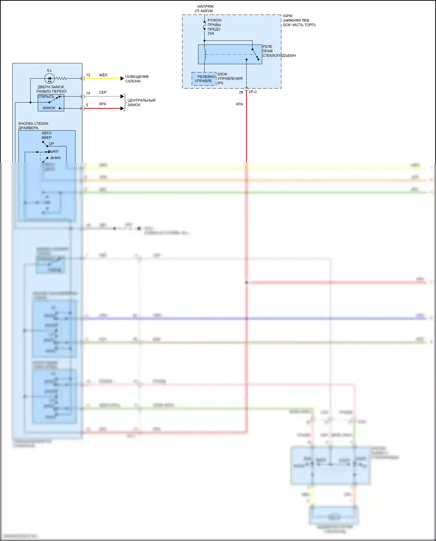 Veloster Hyundai II (2018-2024): Электросхема стеклоподъемников, с автоматическим включением/выключением драйвера и стеклоподъемниками безопасности (1 из 2) 