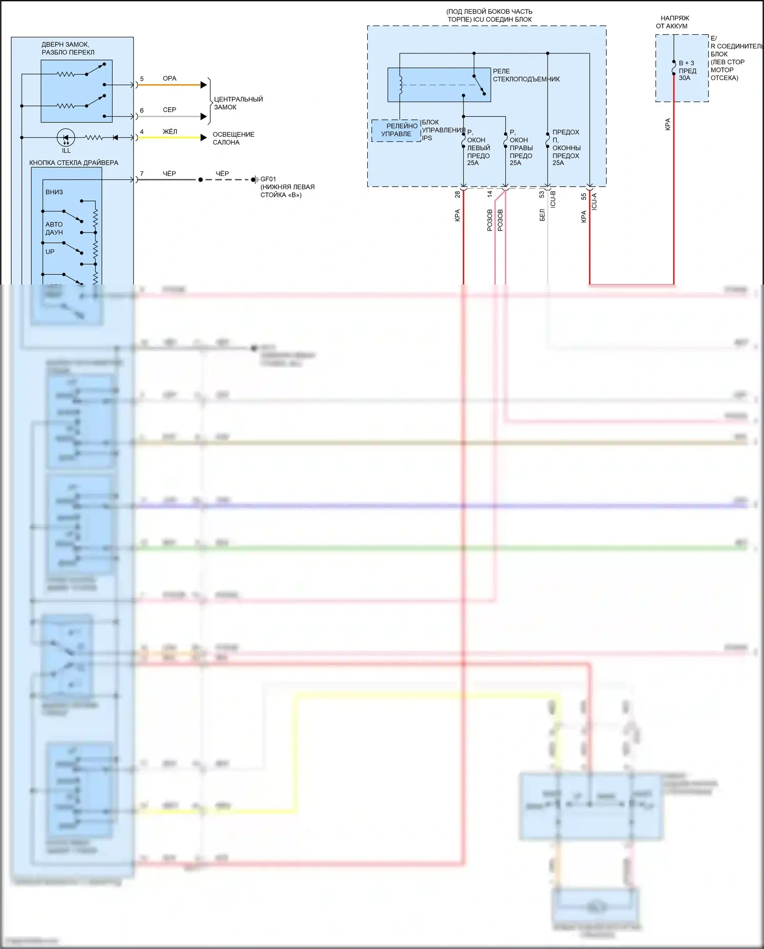 Venue Hyundai I (2019-2024): Электросхема стеклоподъемников, с автоматическим включением/выключением драйвера и стеклоподъемниками безопасности (1 из 2) 