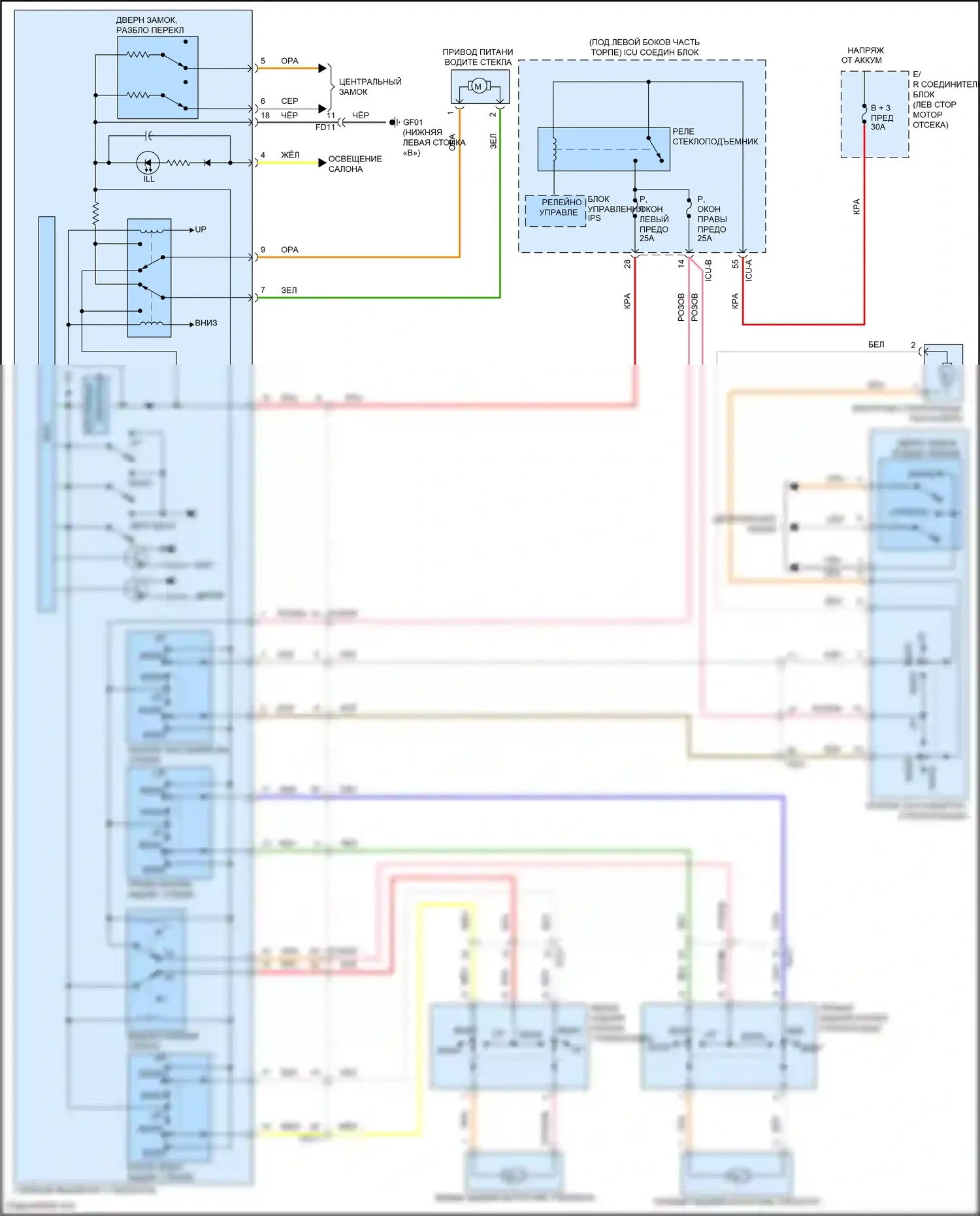 Venue Hyundai I (2019-2024): Электросхема стёкол питания, с драйвером авто вниз стекло питания 