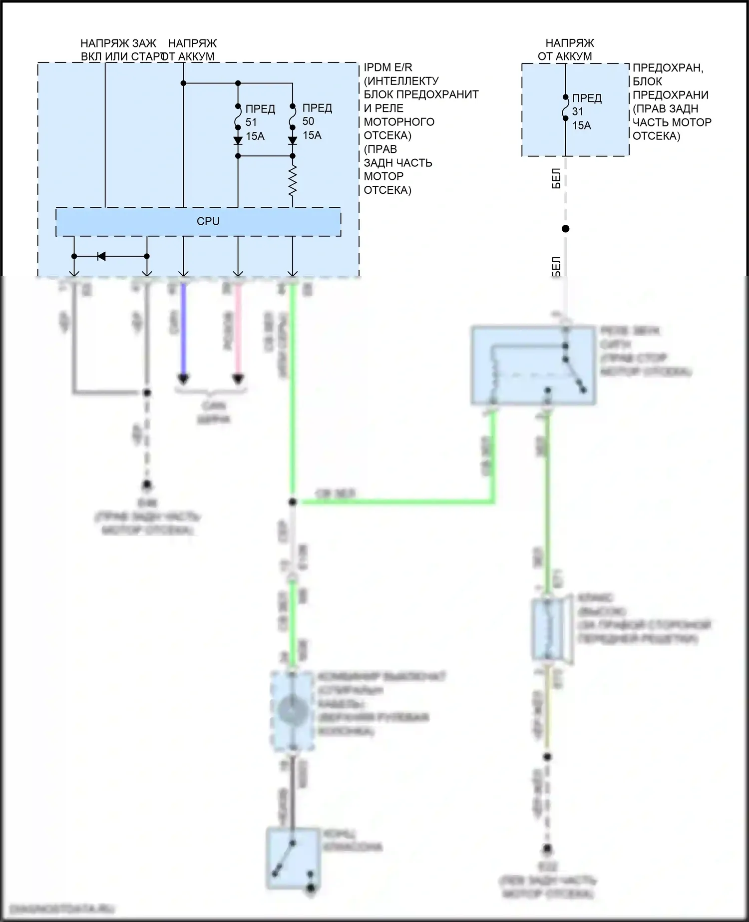 Q70 Infiniti I рестайлинг (2015-2019): Электросхема клаксона, кроме гибридной 