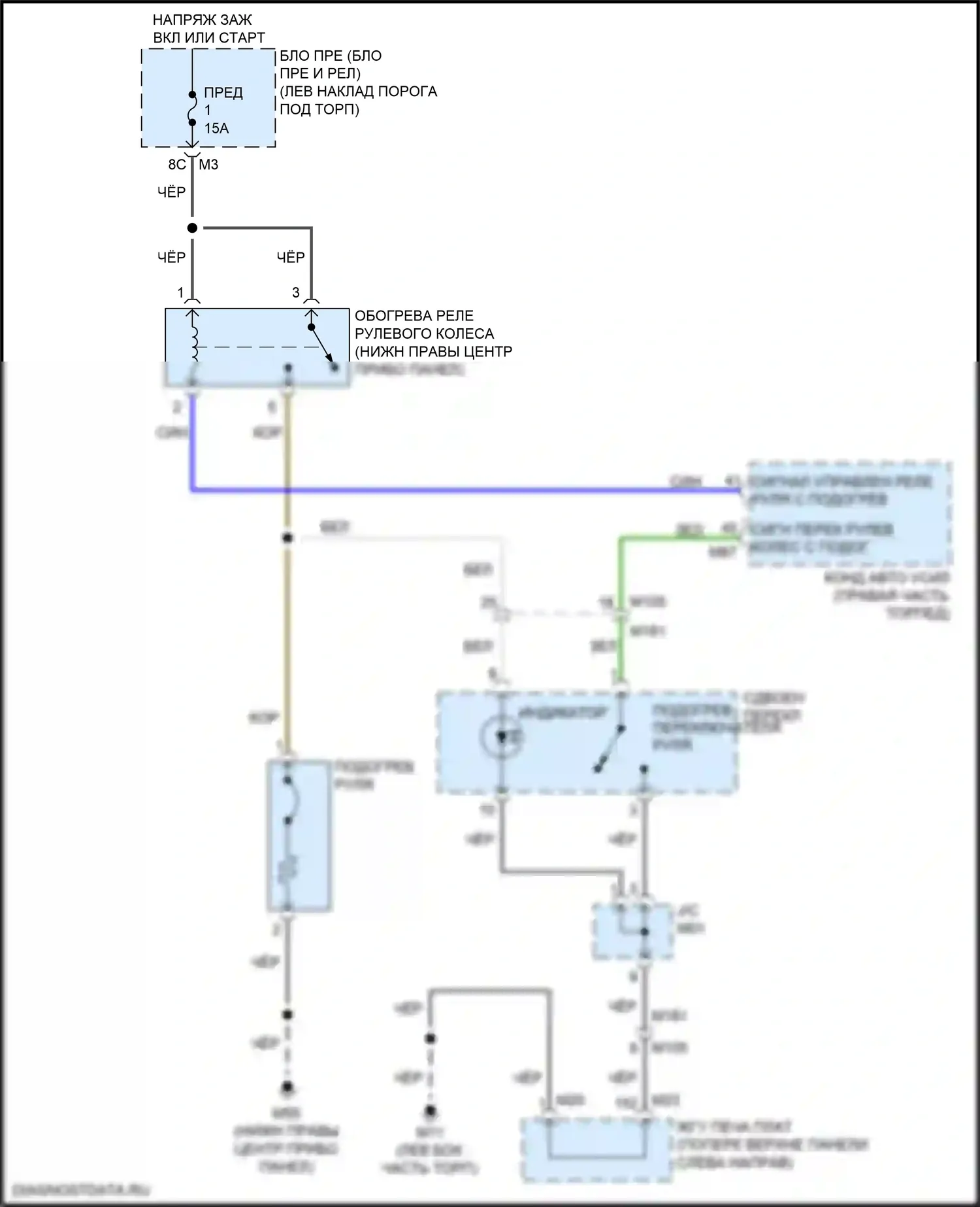 Q70 Infiniti I рестайлинг (2015-2019): Электросхема рулевого колеса с подогревом, кроме гибридного 