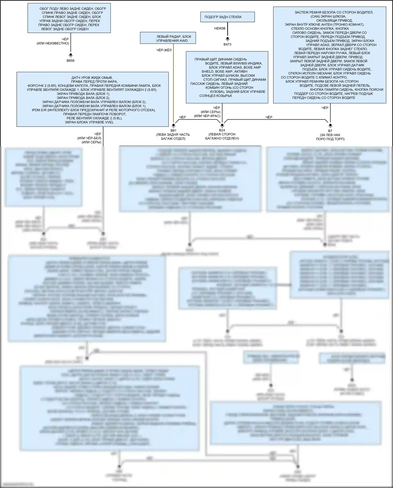 Q70 Infiniti I рестайлинг (2015-2019): Электросхема разводки массы, за исключением гибридной 