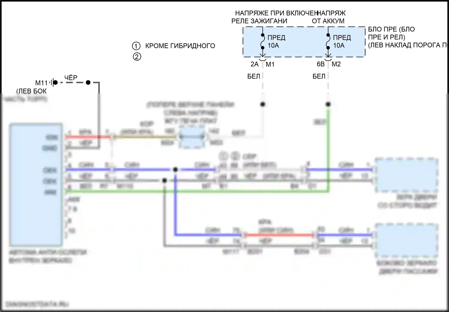 Q70 Infiniti I рестайлинг (2015-2019): Электросхема управления зеркалами заднего вида 