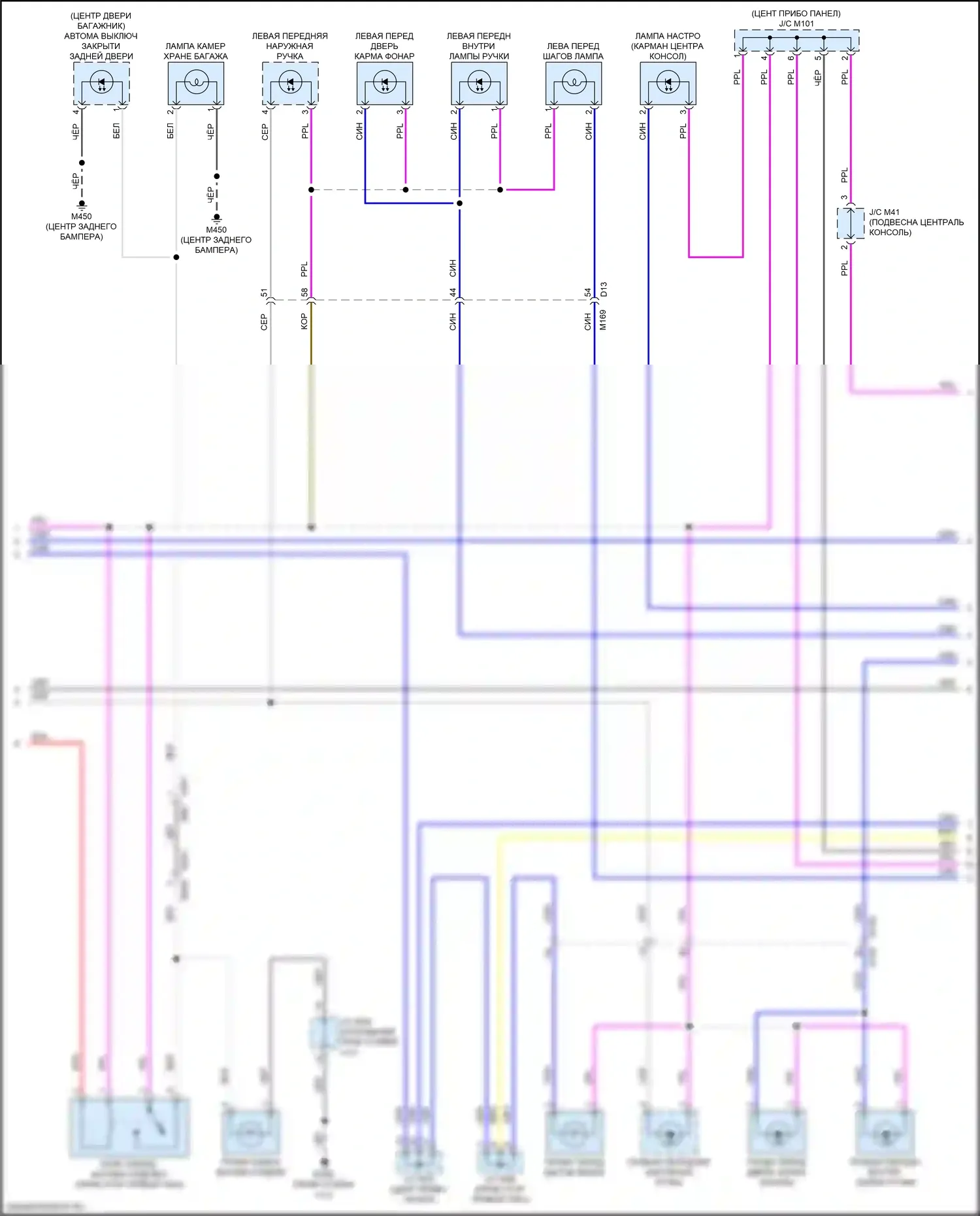QX50 Infiniti II (2017-2024): Электросхема освещения салона, без внутреннего окружающего освещения (2 из 3) 