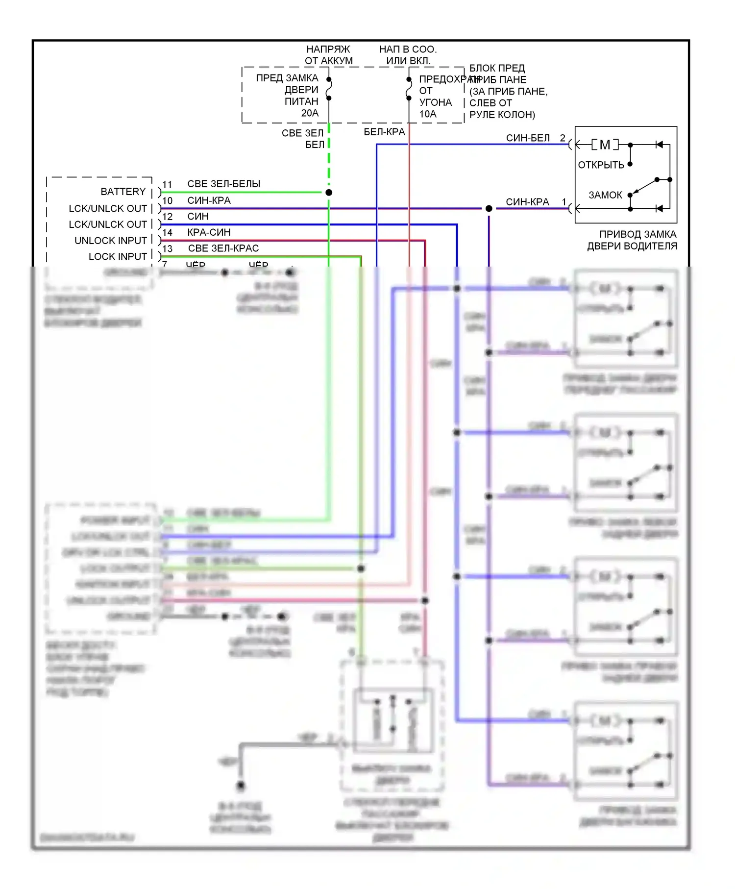 Rodeo Isuzu II (1998-2004): Электросхема замка двери питания, с бесключевым доступом 