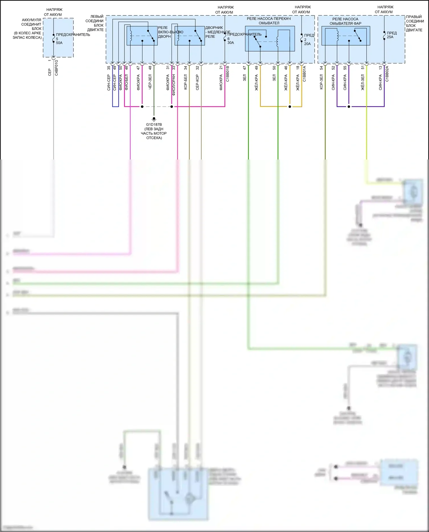 F-type Jaguar I рестайлинг (2016-2019): Дворники и омыватели электросхема (2 из 2) 