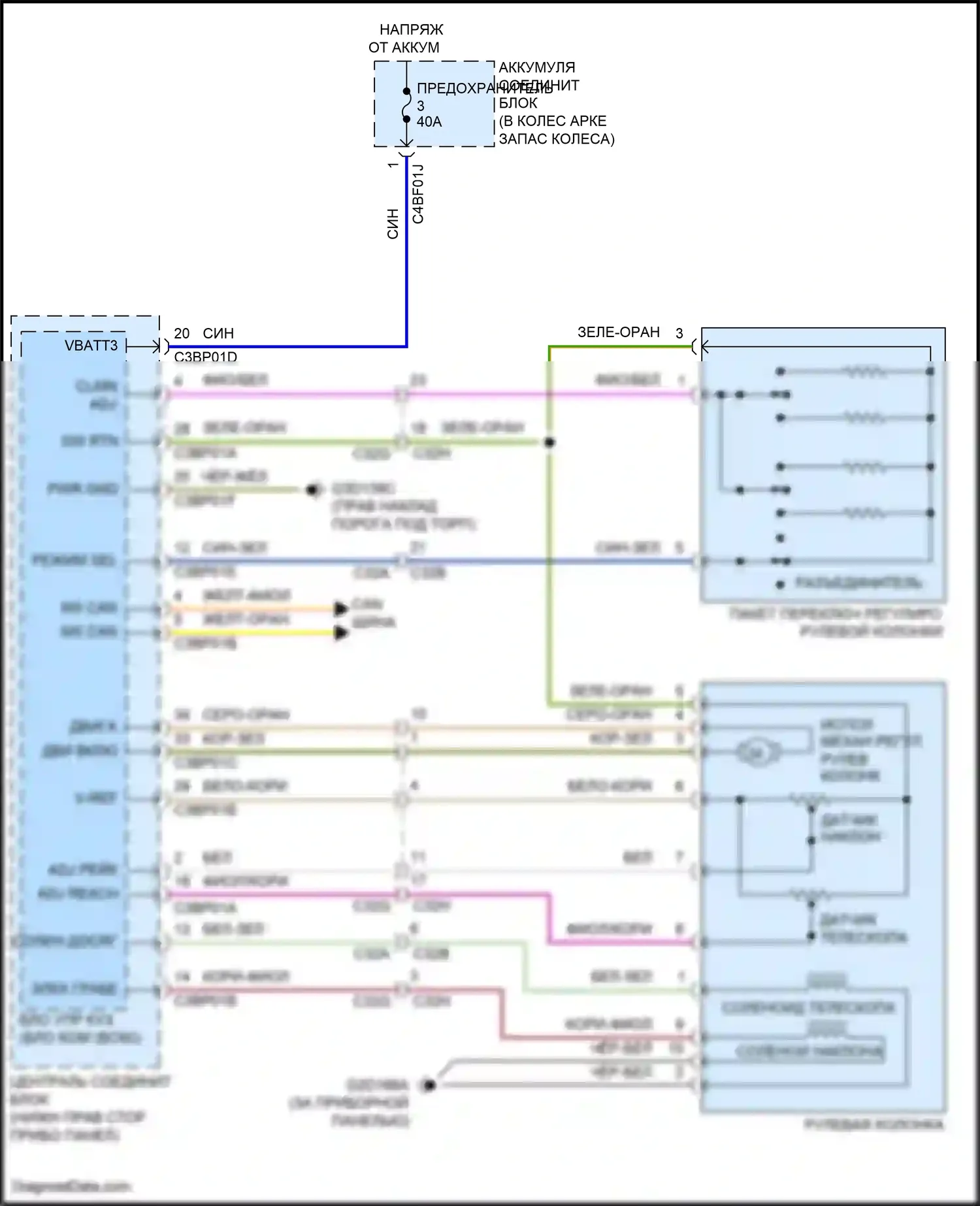 F-type Jaguar I рестайлинг (2016-2019): Электросхема регулировки рулевой колонки 