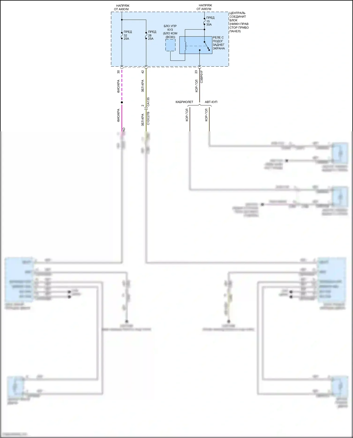F-type Jaguar I рестайлинг (2016-2019): Электросхема заднего подогрева и обогреваемых зеркал 