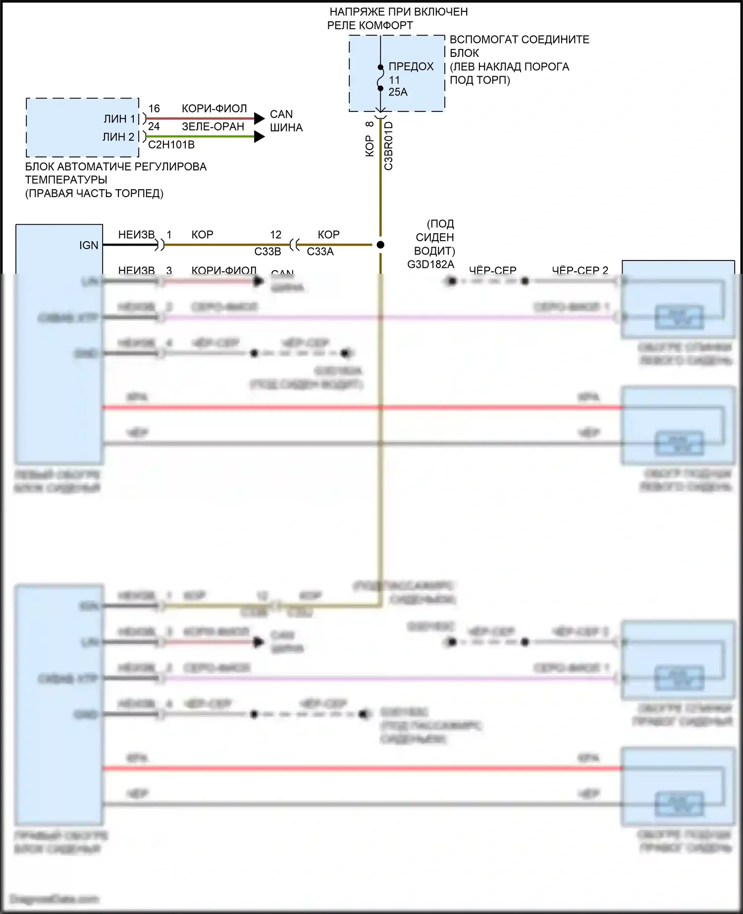 F-type Jaguar I рестайлинг (2016-2019): Электросхема обогреваемых сидений 