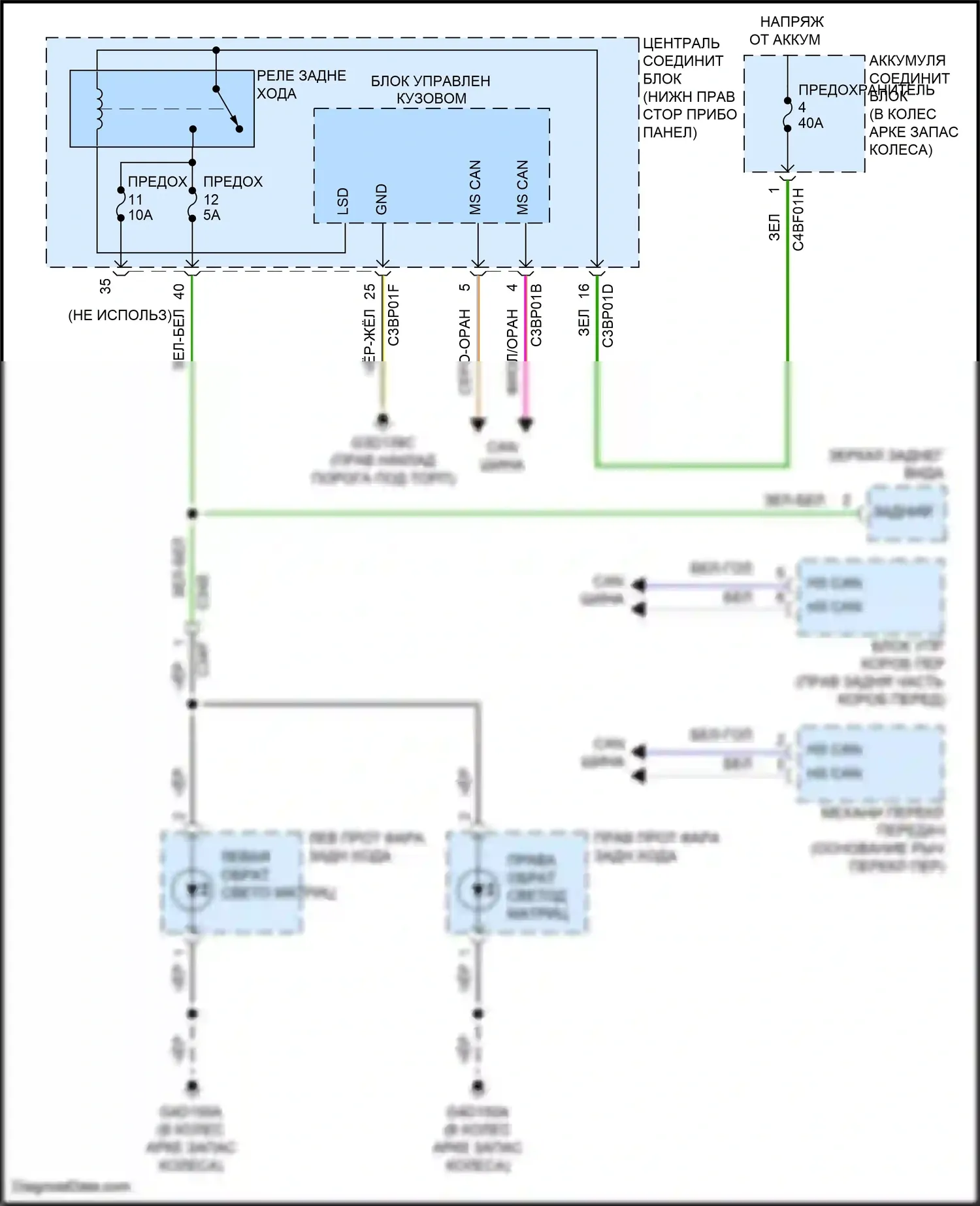 F-type Jaguar I (2013-2017): Электросхема фонарей заднего хода 