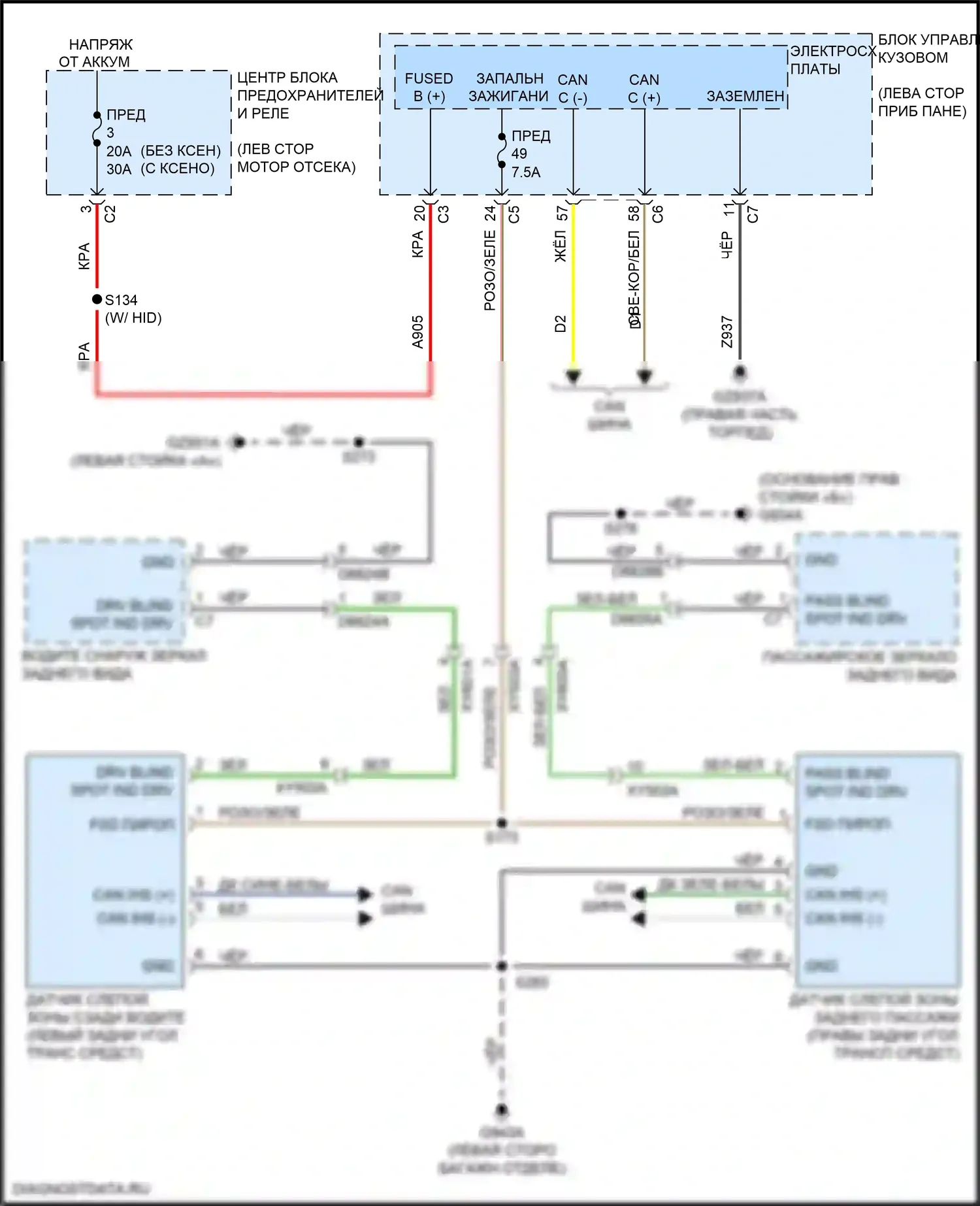 Compass Jeep II (2016-2022): Электросхема мониторинга в слепой зоне 