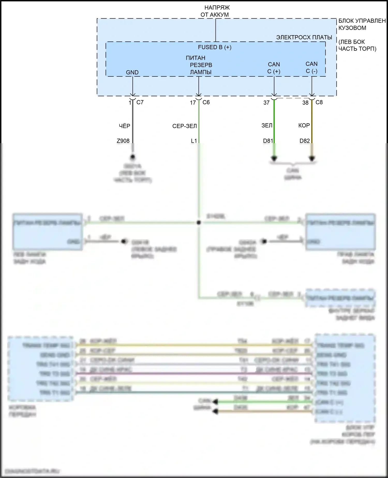 Renegade Jeep I рестайлинг (2018-2024): Электросхема фонарей заднего хода 